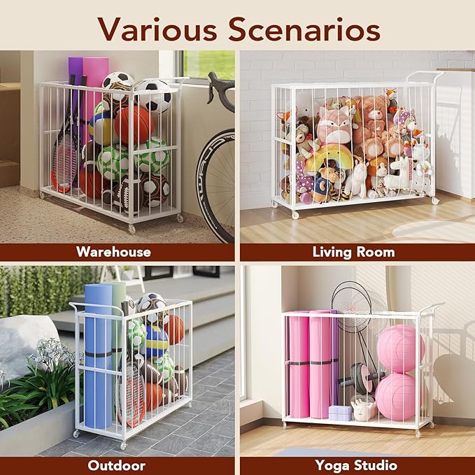 Ball Storage Bin Rolling Sports Ball Cart, Metal Garage Organizer Sport Rack, Ball Basket Storage, Ball Cage for Garage or Gym, Indoor & Outdoor Sports Equipment Organizer