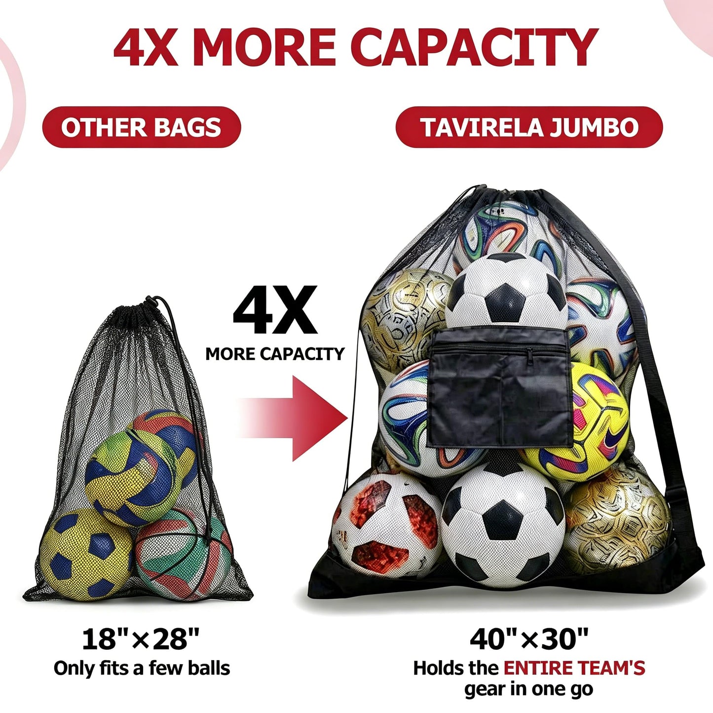 Tavirela Extra Large Mesh Ball Bag with Pocket, Holds 13 Soccer Balls, 10 Basketballs, Heavy Duty Drawstring Net Bag, Team Coaches Sports Equipment Storage Duffle Sack for Volleyball, Swimming Gear