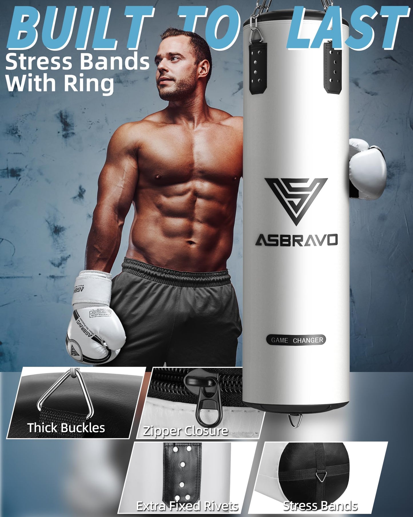 ASBRAVO Punching Bag for Adults, 4ft PU Heavy Boxing Bag Set 12OZ Gloves for MMA Muay Thai Kickboxing Training Home Gym, Martial Art (Unfilled)-White