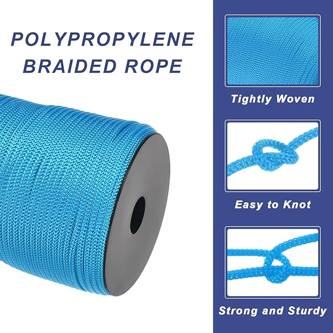 MECCANIXITY 5/32 Inch Polypropylene Rope Braided Ropes, 328ft Camping Rope Hollow Utility Cord for Clothesline, Hiking, Outdoor, Lake Blue