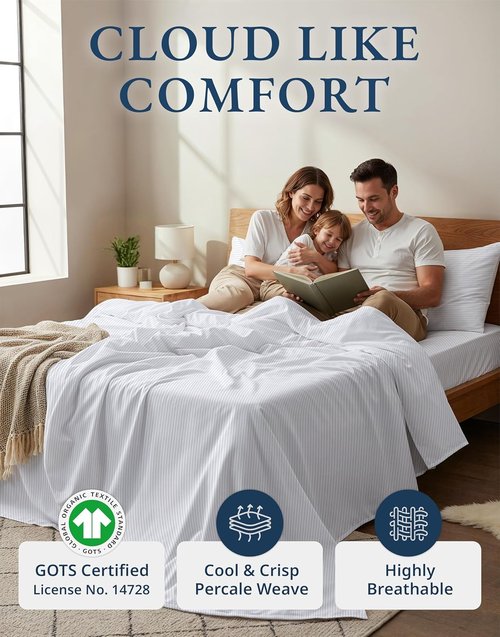 LANE LINEN 100% Organic Cotton Full Sheet Set - Soft, Fade Resistant & Naturally Cooling Bedding | Blue Ticking Stripe