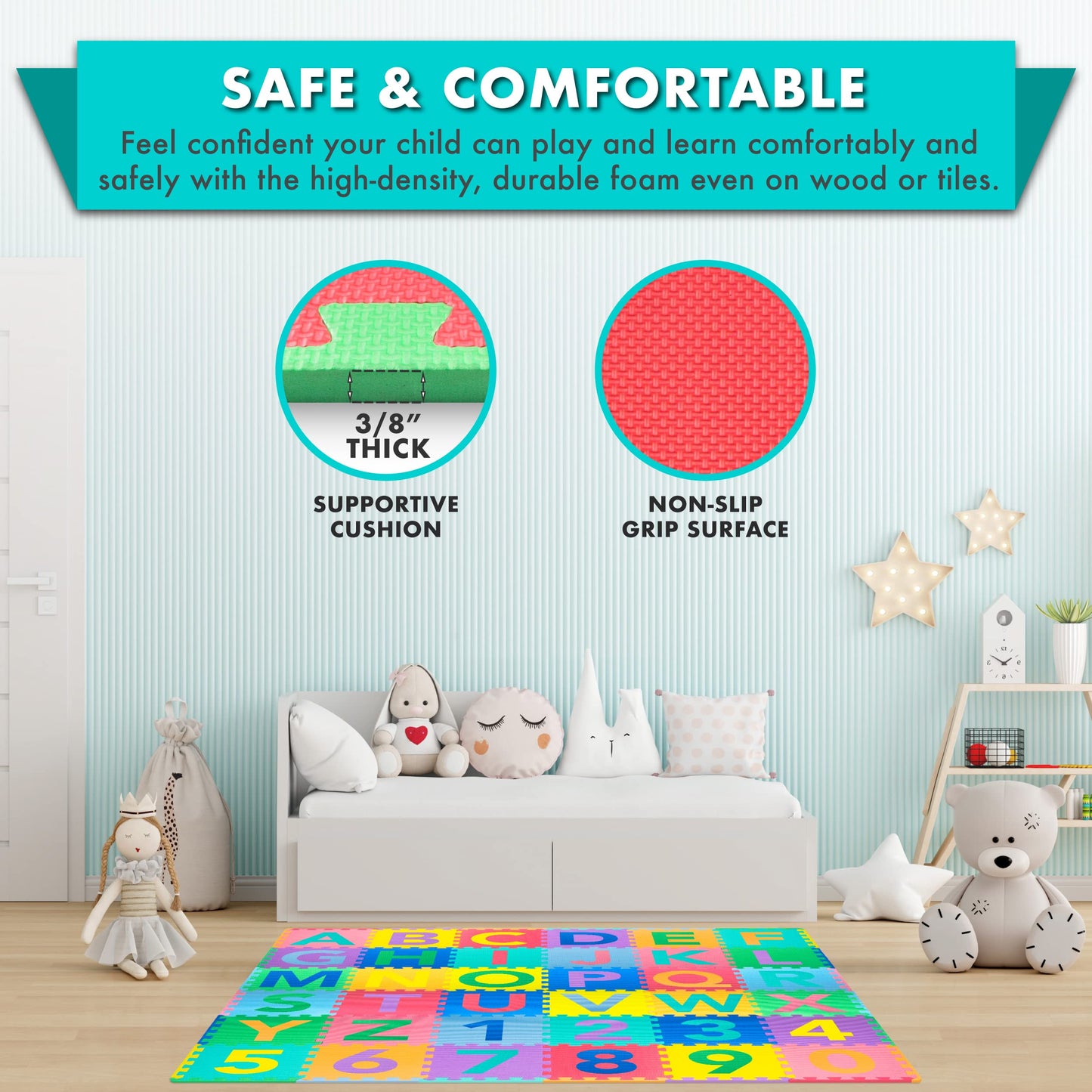 ProSource Kids Puzzle Alphabet, Numbers, 36 Tiles and Edges Play Mat, 12" by 12", Abc & 123