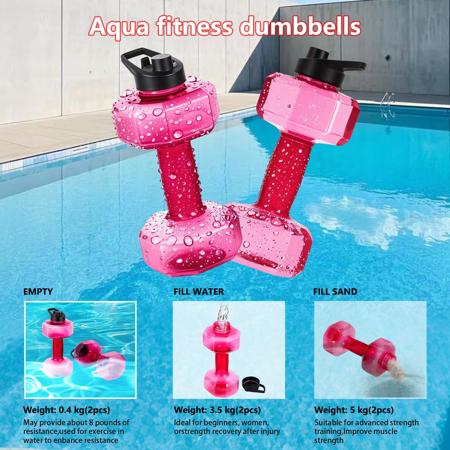SIXRARI 2 PCS Water Weights for Pool Exercise – Upgraded Non-Slip PE Water Dumbbells, Adjustable Aqua Fitness Aerobics Equipment for Arm Toning, Aqua Therapy & Home Workouts (Red)