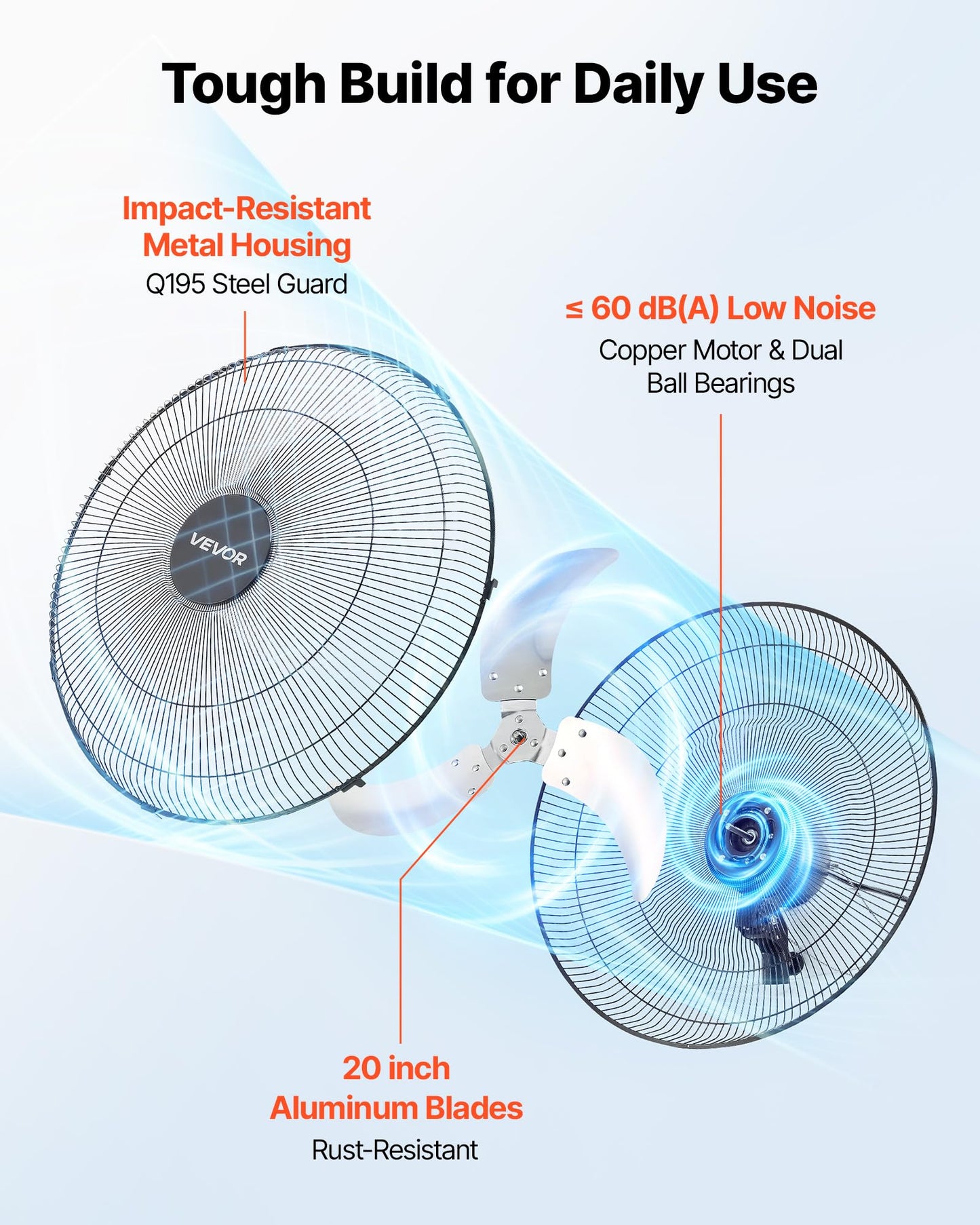 VEVOR Wall Mount Fan, 20 in Wall Mounted Hanging Fan Oscillating, 3-Speed, Long Airflow Distance, Adjustable Rotation Angle, Mechanical Powerful for Industry, Commercial, Garage, Workshop, Gym, 2 Pack