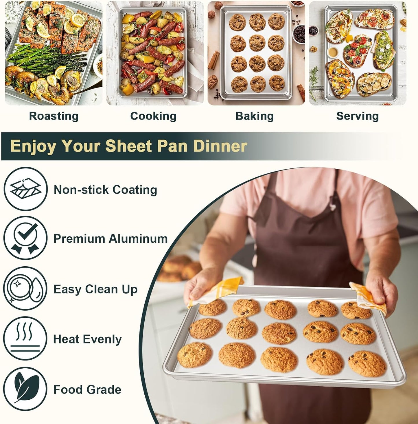 Wildone Baking Sheet Set - Commercial Quality Nonstick Cookie Pans with Cooling Racks | Half Sheet Size, Heavy Duty