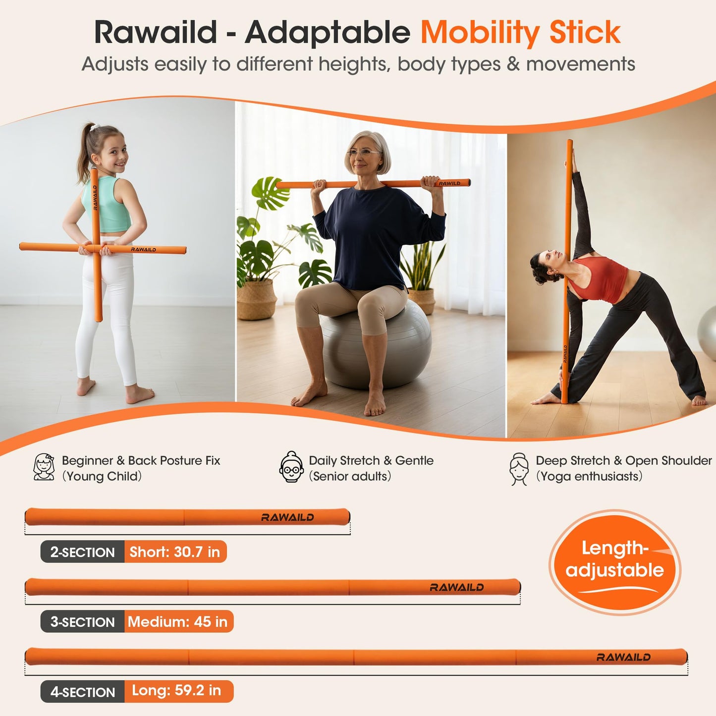 RAWAILD Yoga Stick, Upgraded 5ft Sturdy Steel Mobility Stick, Adjustable Exercise Equipment for Stretching, Flexibility & Balance, Physical Therapy & Posture Correction, Shoulder & Back Relaxation