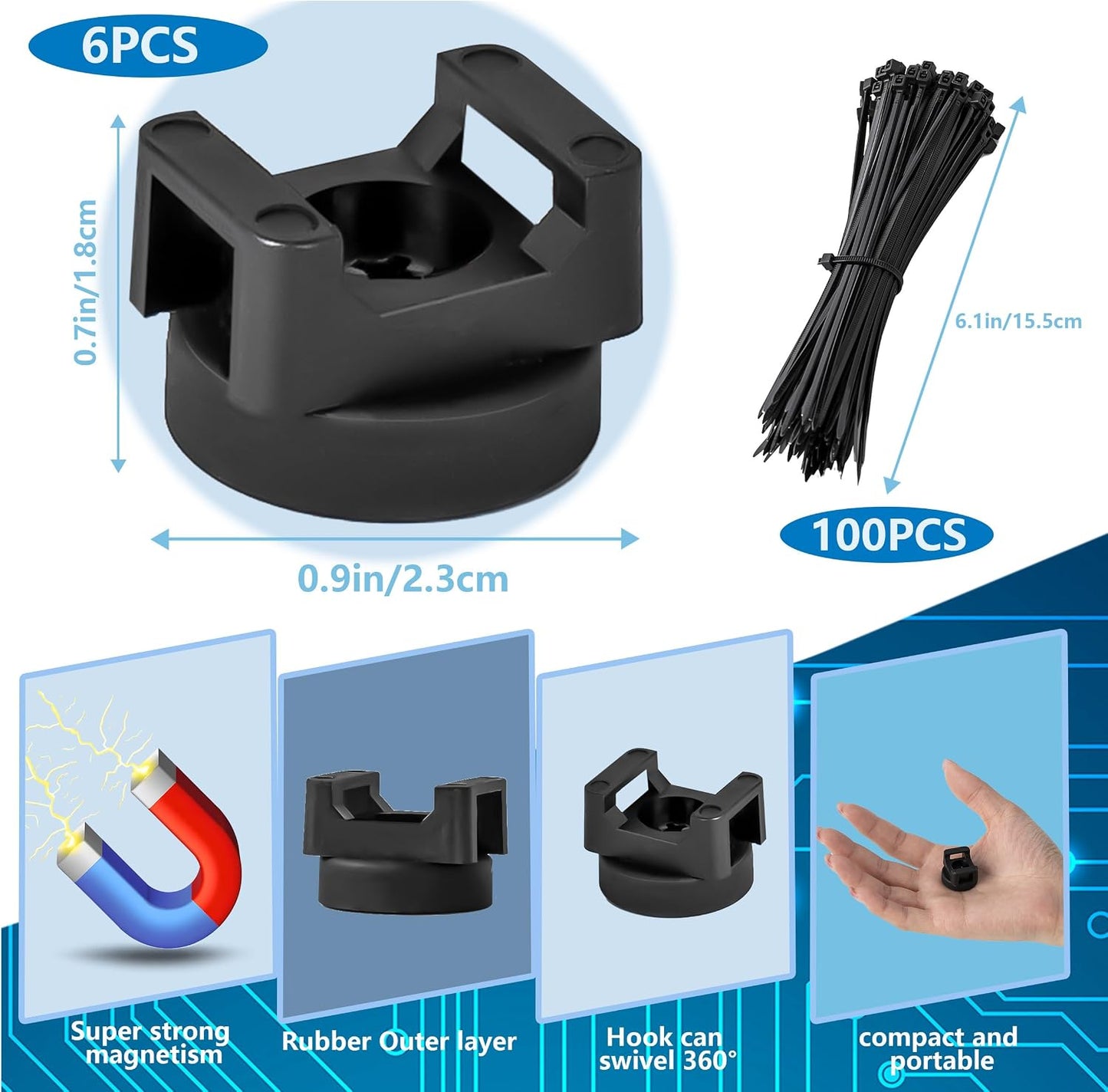VELATYVIO 6 100 Magnetic zip tie mount Pcs Magnet bases and Pcs Zip ties Multipurpose cable holder magnetic wire holder