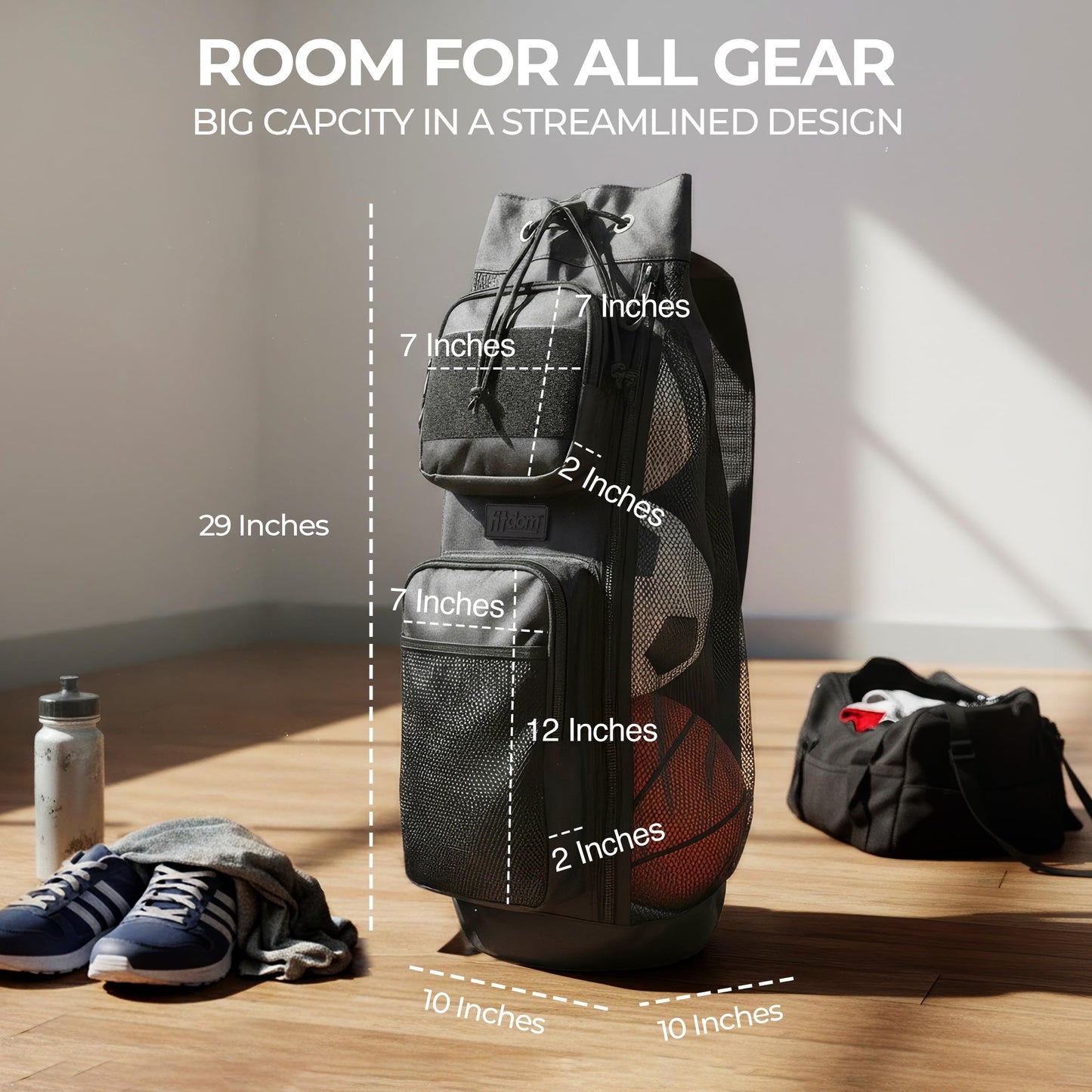 Fitdom 47L Heavy Duty Mesh Equipment Ball Bag w/Adjustable Padded Sling Shoulder Strap Design for Coach. 3 Different Size Compartments. Perfect for Soccer Football Volleyball Basketball & Water Sports