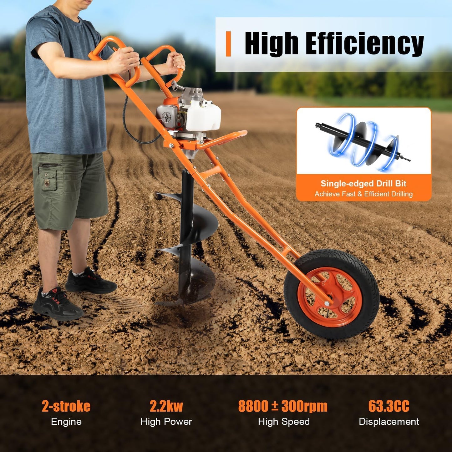 63CC 2 Stroke Post Hole Digger 3HP Gas Powered Earth Auger Borer Ground Drill Gasoline Earth Auger Wheelbarrow with 11" Bit, for Fence Ground Drill Garden Tree Planting (Orange)-[Arrives in two boxes]