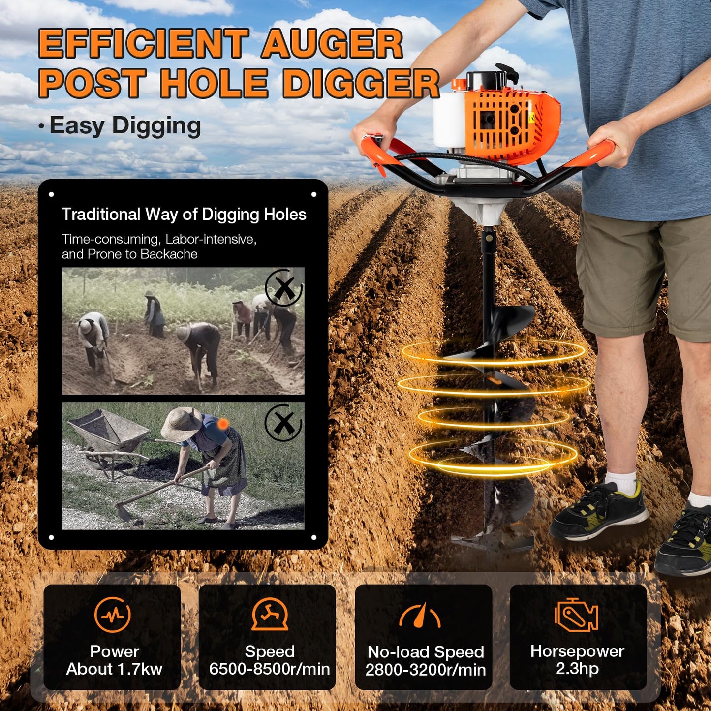 Auger Post Hole Digger 52cc-2 Stroke Gas Powered Earth Digger Garden Fence Plant Soil Digging Tool with Drill Bits (4'', 6" & 8") and Extension Rods