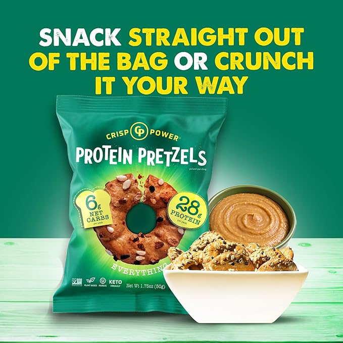 Crisp Power Protein Pretzels, Everything, High Protein Vegan Keto Snack, 28 G Plant Based Protein, Low Carb Crunchy Pretzel Snacks, Sugar Free, No Seed Oils, 1.75 oz Bags, 6 Pack