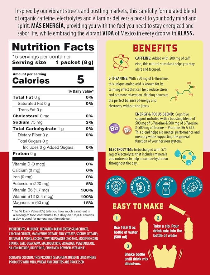 Hydration + Energy Electrolyte Drink Mix ??Hibiscus Agua Fresca Flavor | Sugar-Free Powder with Caffeine, L-Theanine, Coconut Water & Minerals | 15 Single-Serve Stick Packs, Low Calorie