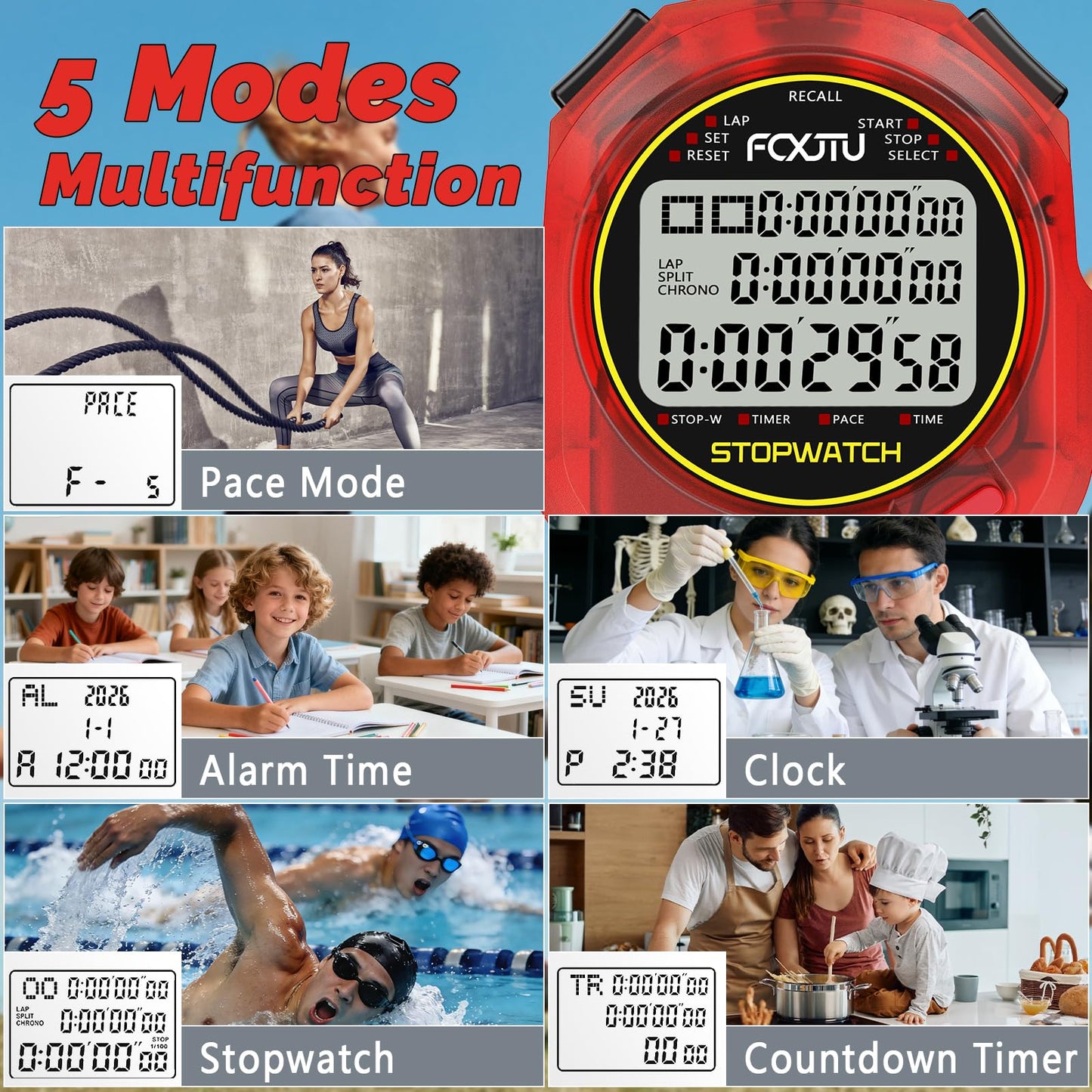 FCXJTU Sports Stopwatch Timer, 10 Lap/Split Memory Digital Stopwatch Countdown Timer with 12/24 Hour Clock Alarm On/Off, Calendar 3-Row Extra Large Screen Lanyard for P.E Coach and Referees (Red)