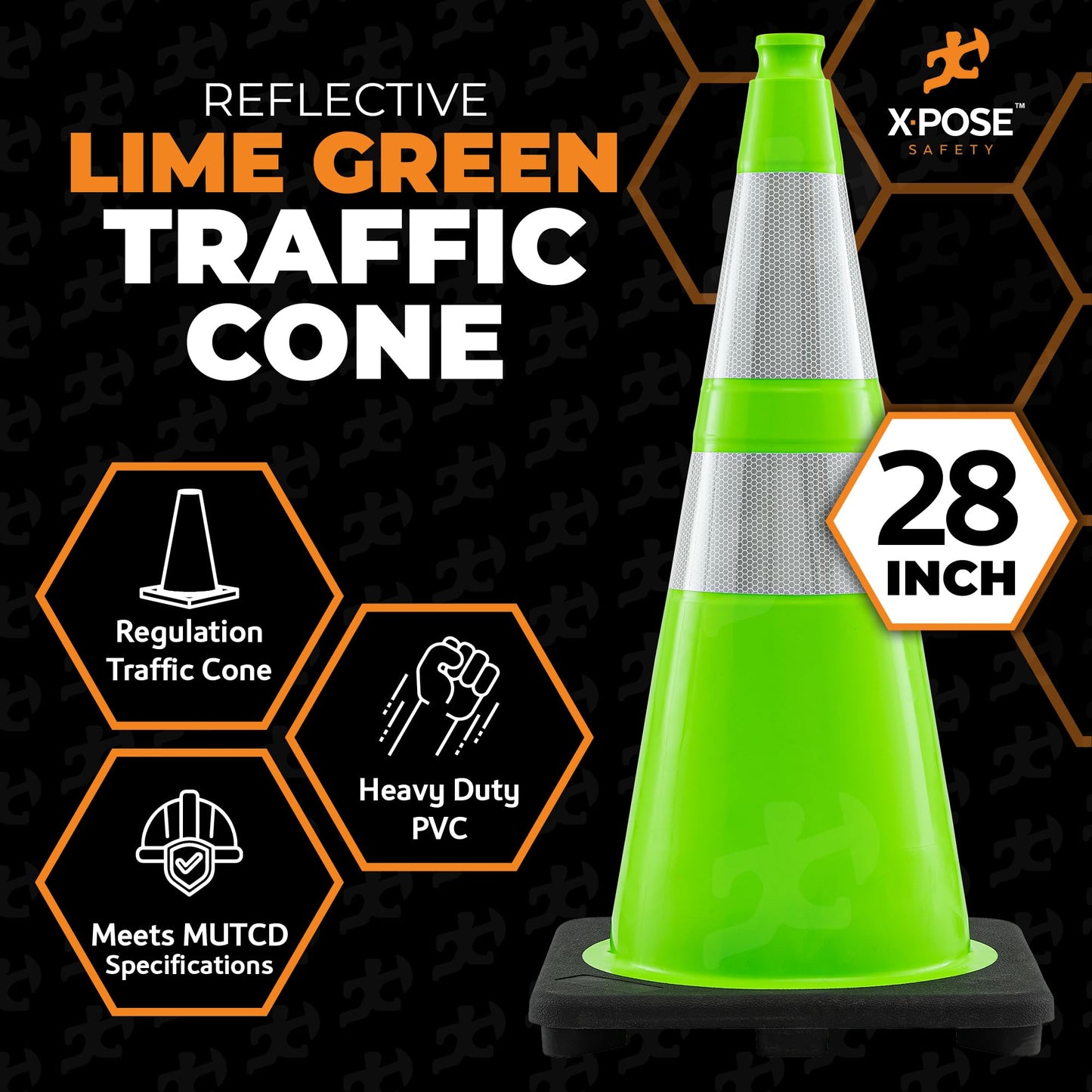 Xpose Safety 28” Lime Green Traffic Cone Dual 6" & 4" Reflective Collar – 6 Pack Multipurpose Premium PVC Safety Cone for Parking, Caution, Construction, Road Crews – Custom Stenciling Available