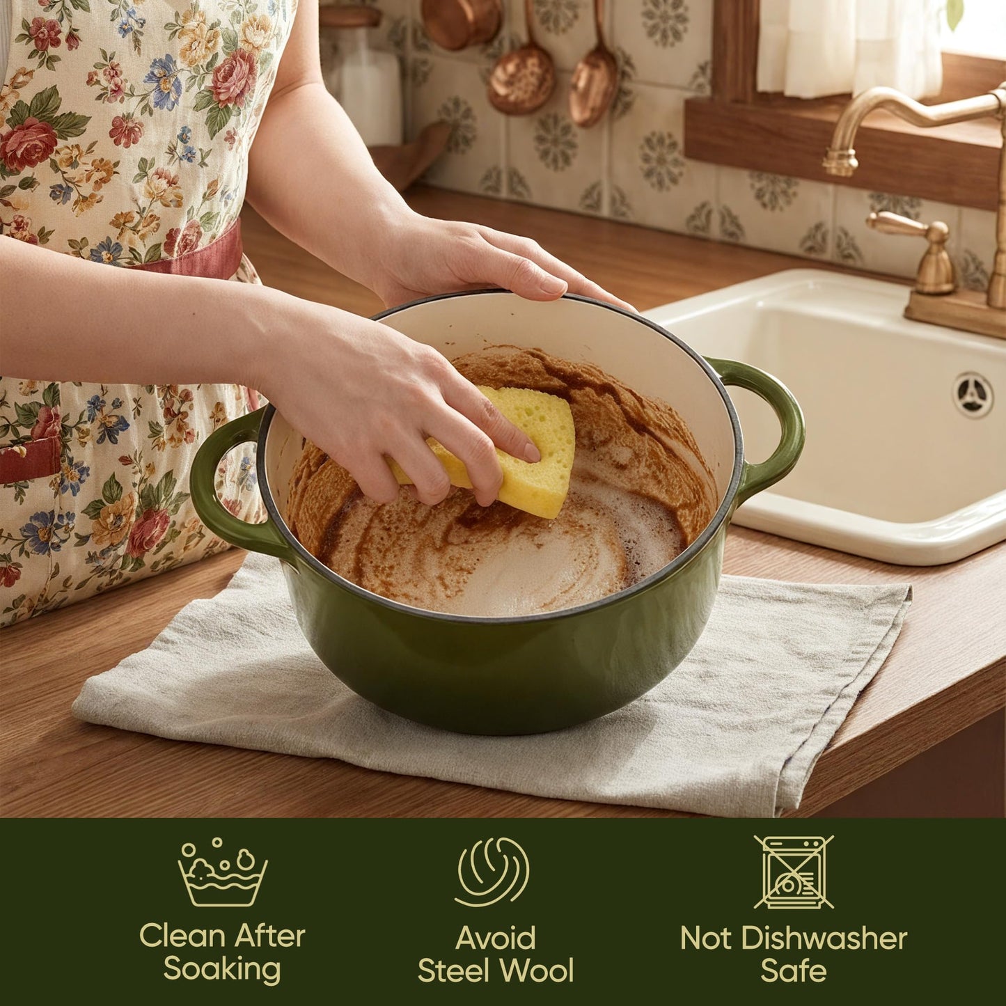 Vintage Style 6 Quart Dutch Oven Pot with Lid, Non Stick Enameled Cast Iron Dutch Oven for Bread Baking, Heavy-Duty, Oven Safe Ceramic Cookware Up to 500°F for Baking, Braising, Stews, Roasting, Golden Green
