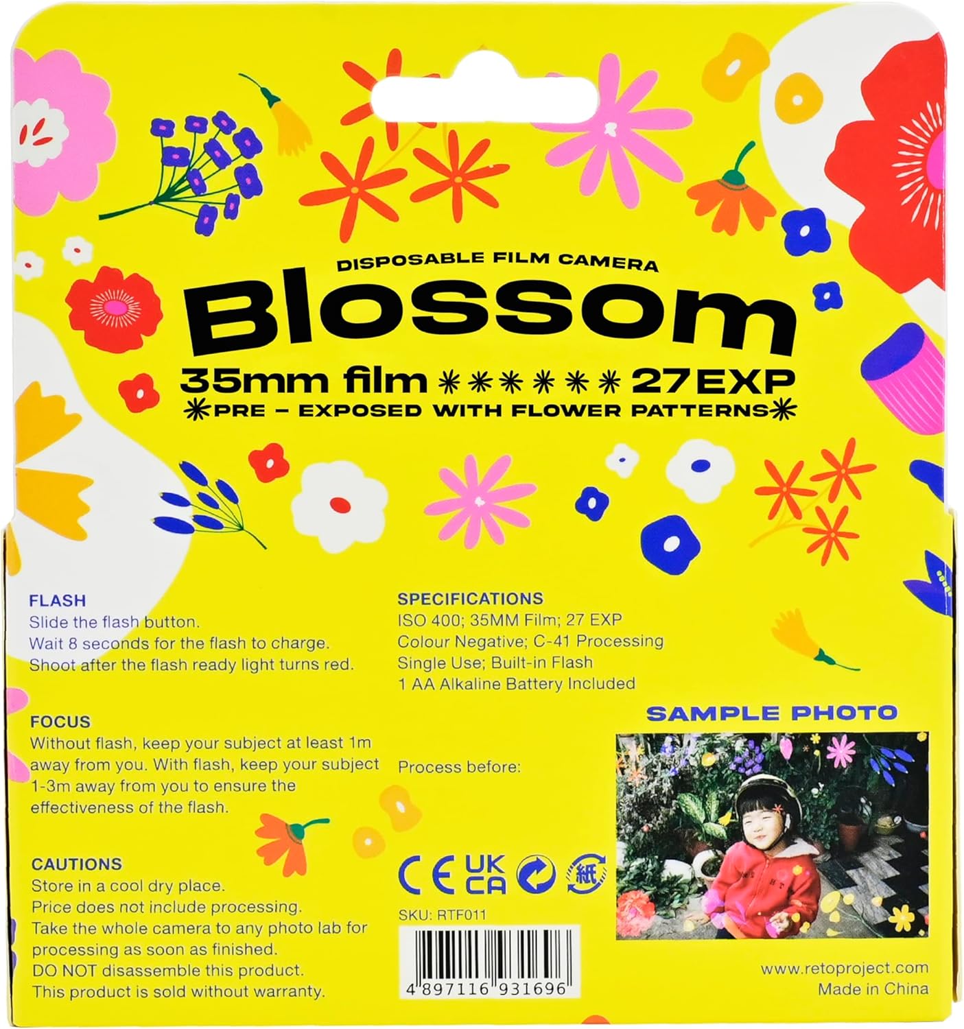 RETO 400 35mm 27EXP, ISO400, color Blossom Disposable Film Camera Color Negative Film, Focus Free, Easy to Use, Built