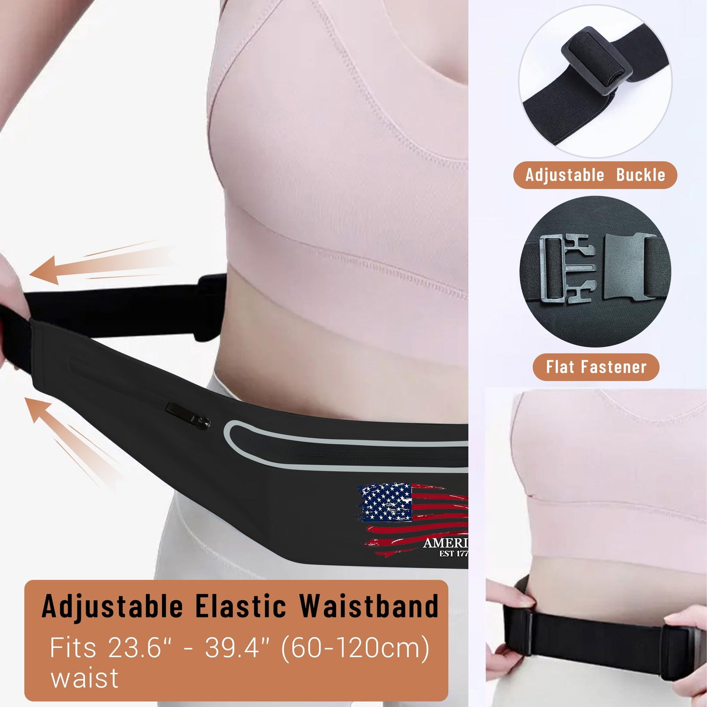 American Flag Slim Running Belt Waist Pack Bag,Black Jogging Fanny Packs for women Moisture Wicking Sports Belt Bag Adjustable,Lightweight Reflective Workout Pouch Phone Holder for Men USA Flag 1776