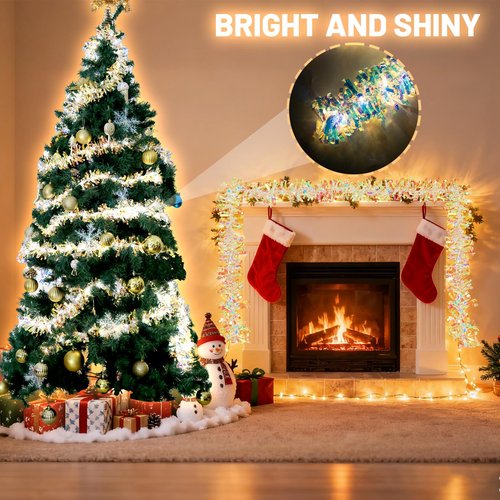 LAWOHO 2 Pack 16.5FT Christmas Tinsel Garland with Lights, Shiny Iridescent Foil Garland for Christmas Tree, Wedding Birthday Party Supplies, New Year Holiday Parties, Indoor Hanging Home Decor