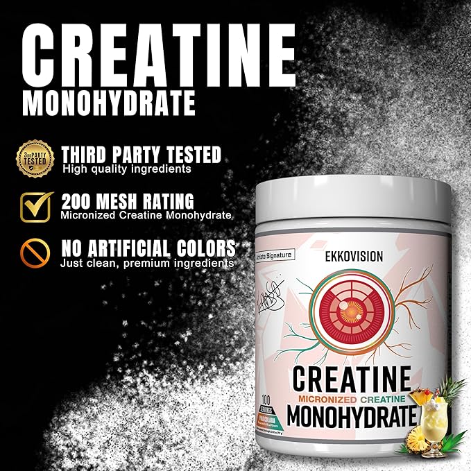 Ekkovision Creatine Monohydrate Powder, Micronized, Pina Colada, Pre Workout & Post Workout Supplement for Men & Women, Energy Support, Easy to Mix in Shakes, Smoothies & Beverages, 100 Servings