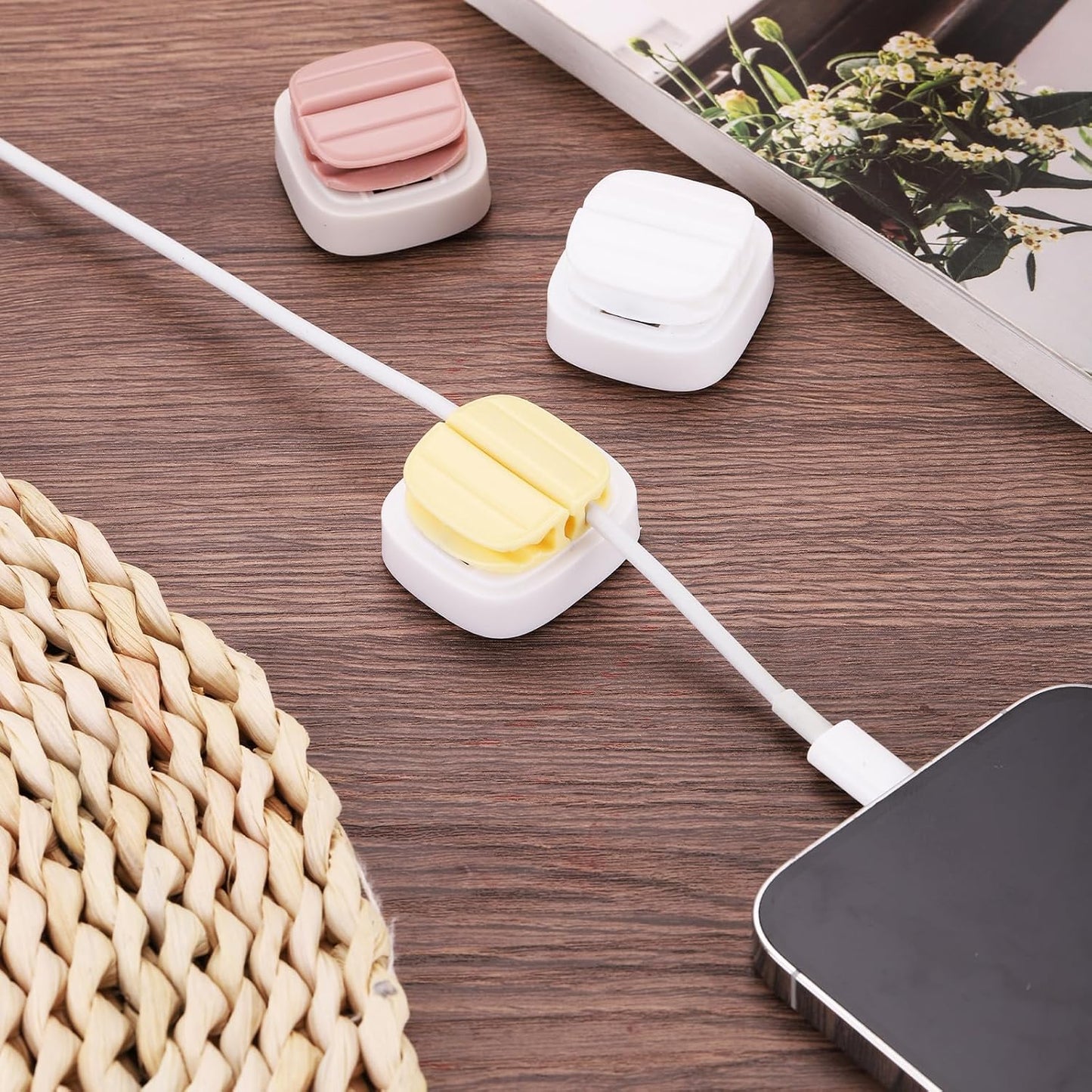 MECCANIXITY 6Pcs 3-in-1 Cord Organizer Spring Cable Clip Holder, Yellow Adhesive Adjustable Cord Cable Holder