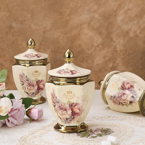 Fanquare Vintage Royal Style Canisters - Floral Porcelain Sugar Bowl Set of 3 with Gold Trim & Airtight Lid