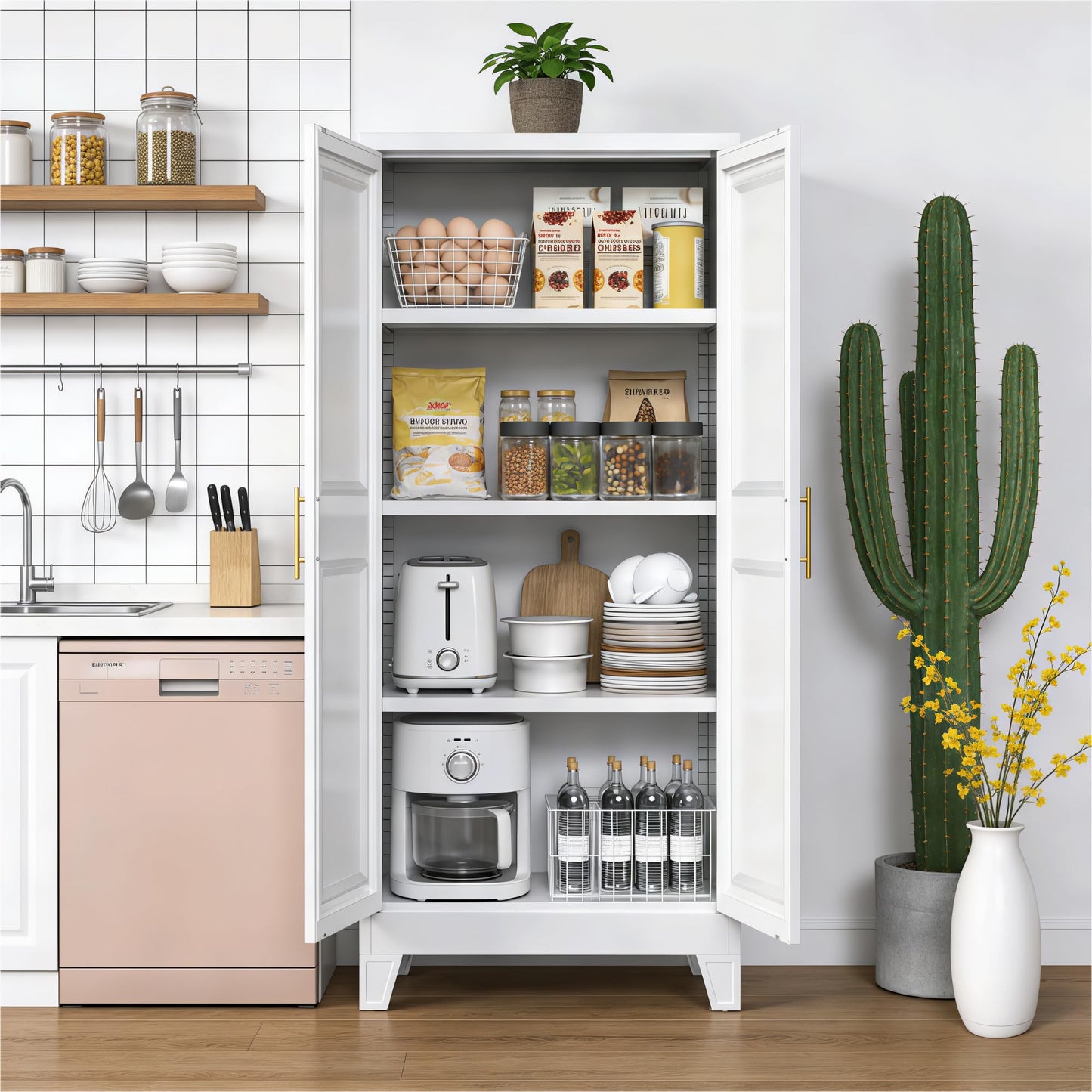 GangMei 61.4" H Metal Kitchen Pantry Cabinet with 4 Adjustable Shelf, White Pantry Cabinet with 2 Doors,Freestanding Food Cabinet for Kitchen,Home,Required Assembly