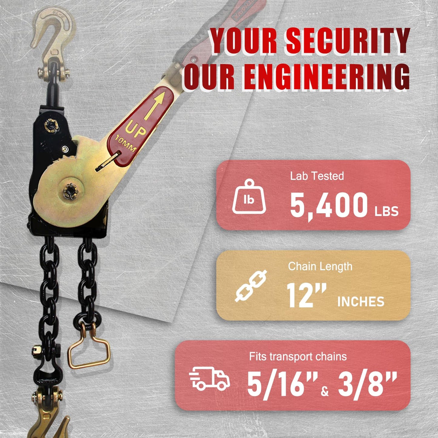 MOTHARIX 2 Pack Ratchet Chain Binders with Grab Hooks, 5400LBS WLL Heavy Duty Tie Down for 5/16" - 3/8" Chains, Secure Load Binder for Flatbed Trailers, Trucks & Heavy Equipment Hauling