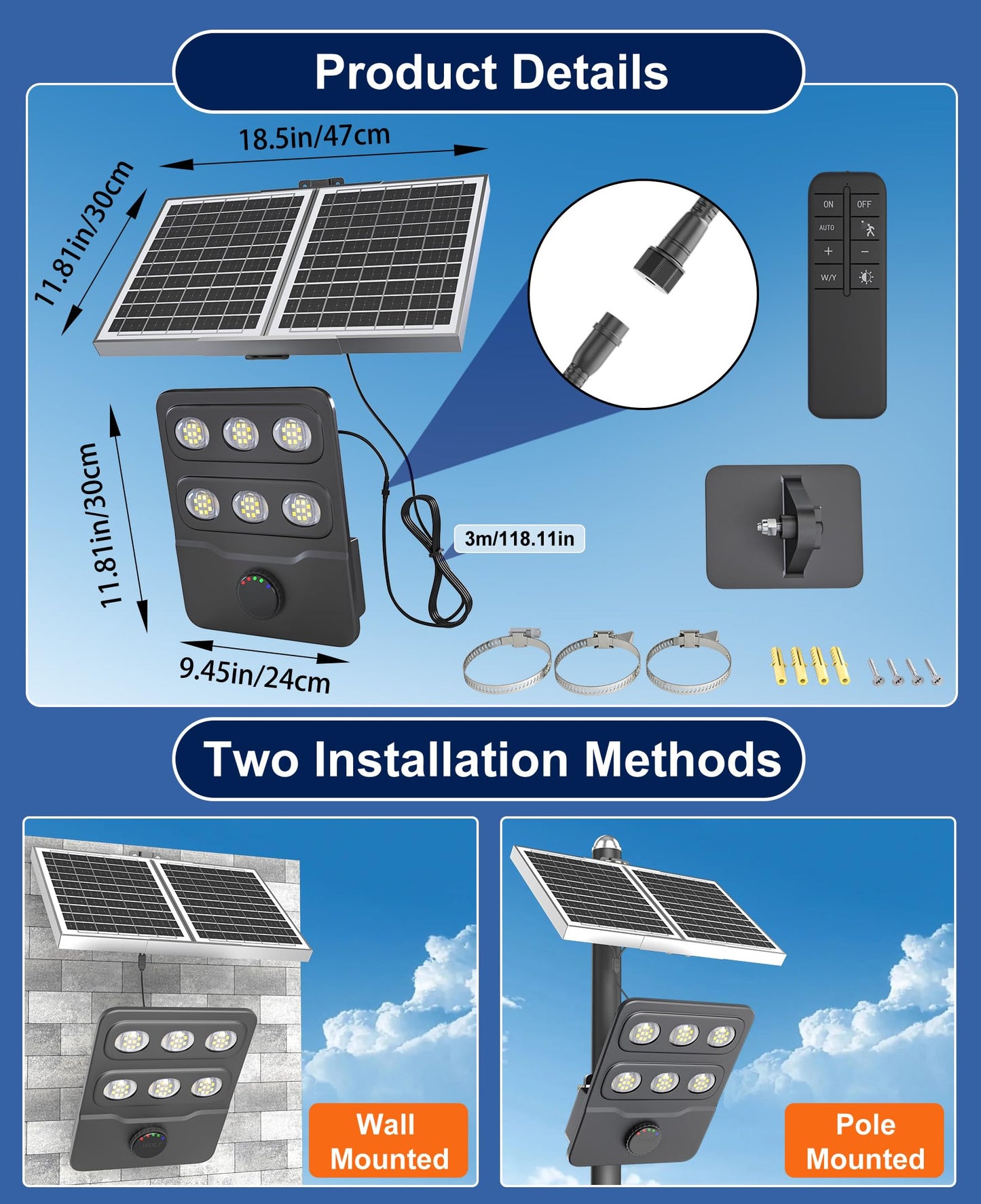 JAYNLT JX-10000W Solar Flood Lights Outdoor, 3000K/4000K/6500K Commercial Parking Lot Lights Dusk to Dawn,Motion Sensor Solar Powered Security Spot Lights, IP67 Waterproof, for Yard, Garage-2Pack