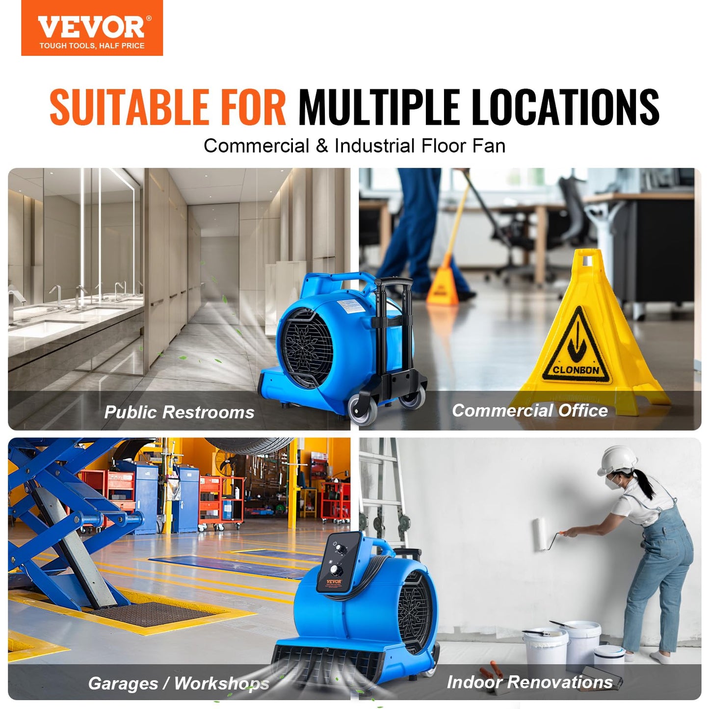 VEVOR Air Mover, 1 HP 4000 CFM Carpet Dryer for Cooling and Ventilating, Portable Floor Blower Fan with 3 Blowing Angles and Time Function, for Janitorial, Home, Commercial Use