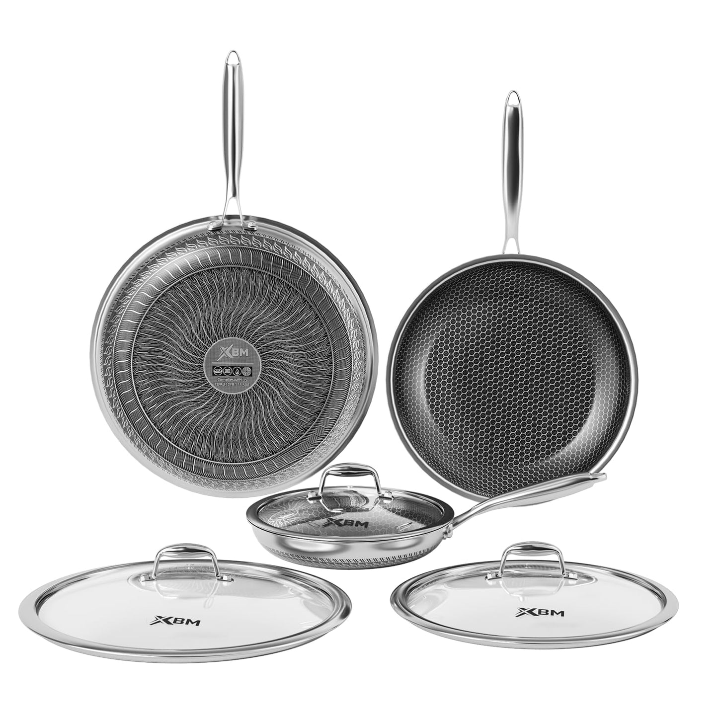 XBM Nonstick Frying Pan Set, 8+10+12 Inch, Honeycomb Stainless Steel Skillet Pans Set, PFOA-Free Scratch-Proof, Dishwasher & Oven Safe, Compatible with All Cooktops