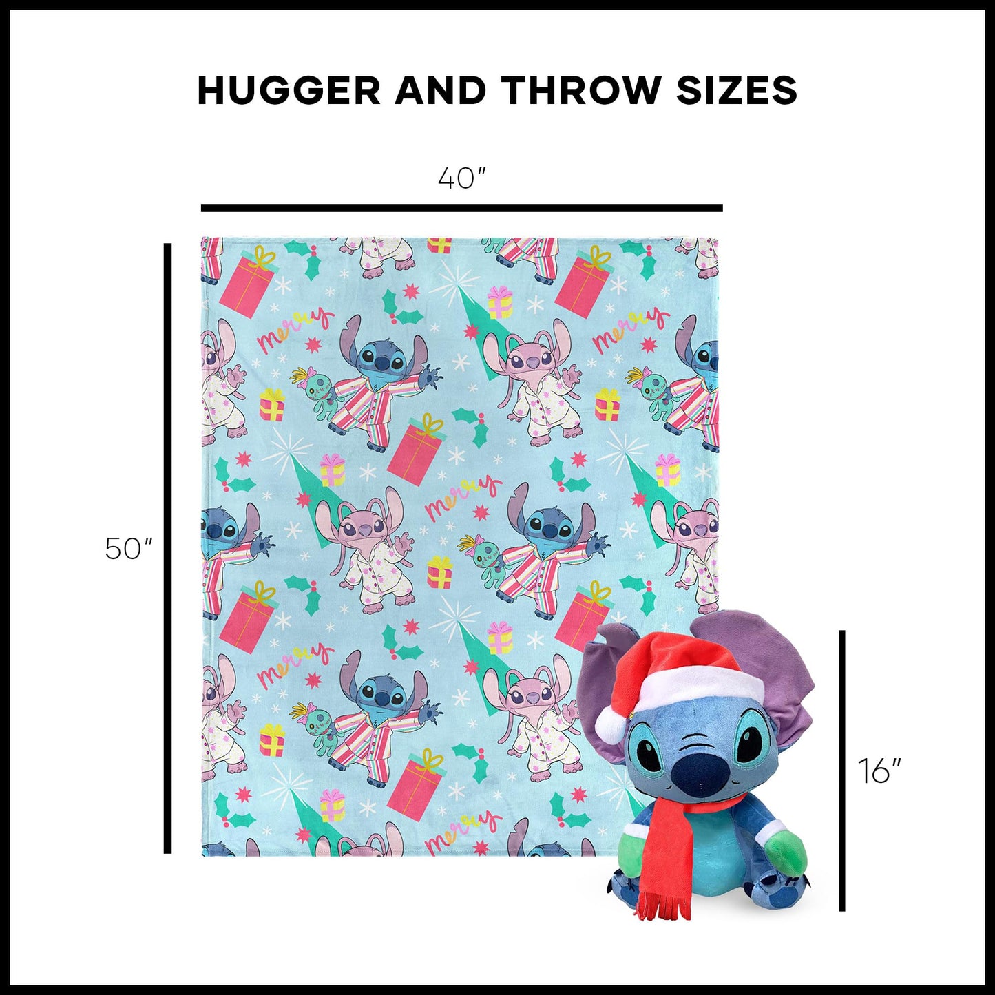 Northwest Character Hugger Pillow & Silk Touch Throw Blanket Set, 40" x 50", Lilo & Stitch Holiday Jammies