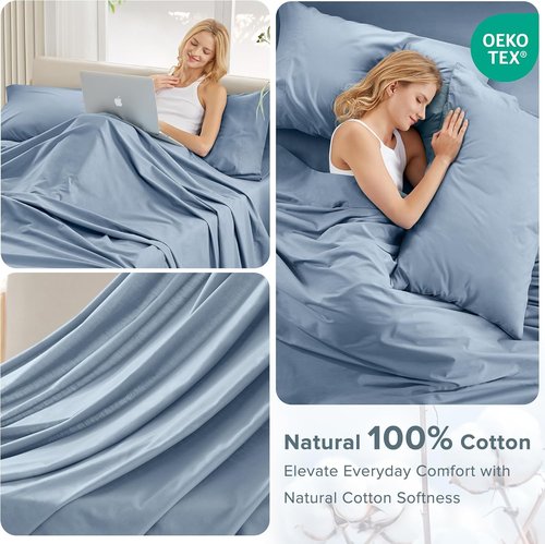 Comfort Spaces 100% Cotton Sheet Set - Breathable & Lightweight Twin Bedding in Blue | Fits Up to 14" Mattress