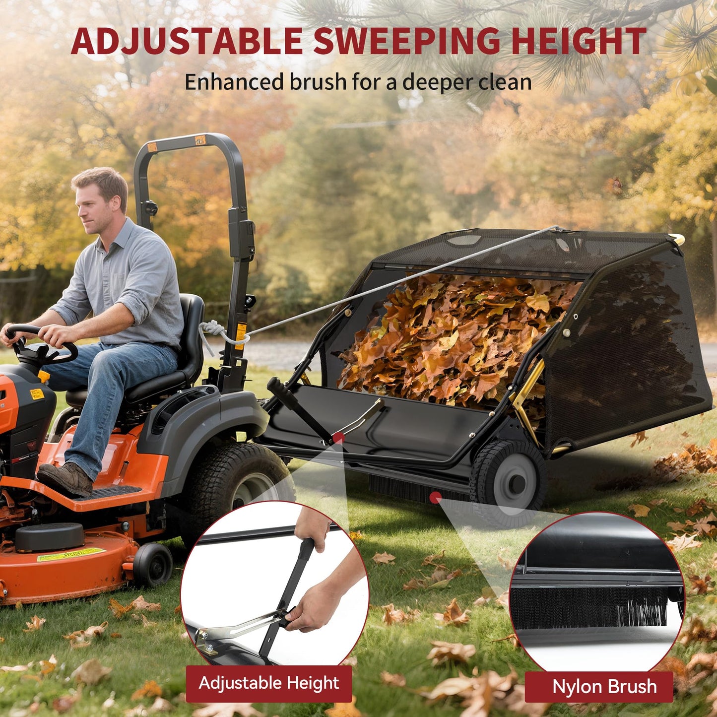 YITAMOTOR 50" Lawn Sweeper Tow Behind, Pull Behind Lawn Sweeper with Rotating Brush Drum and 25 cu. ft Large Capacity Collector for Leaves, Grass Clippings and Yard Debris