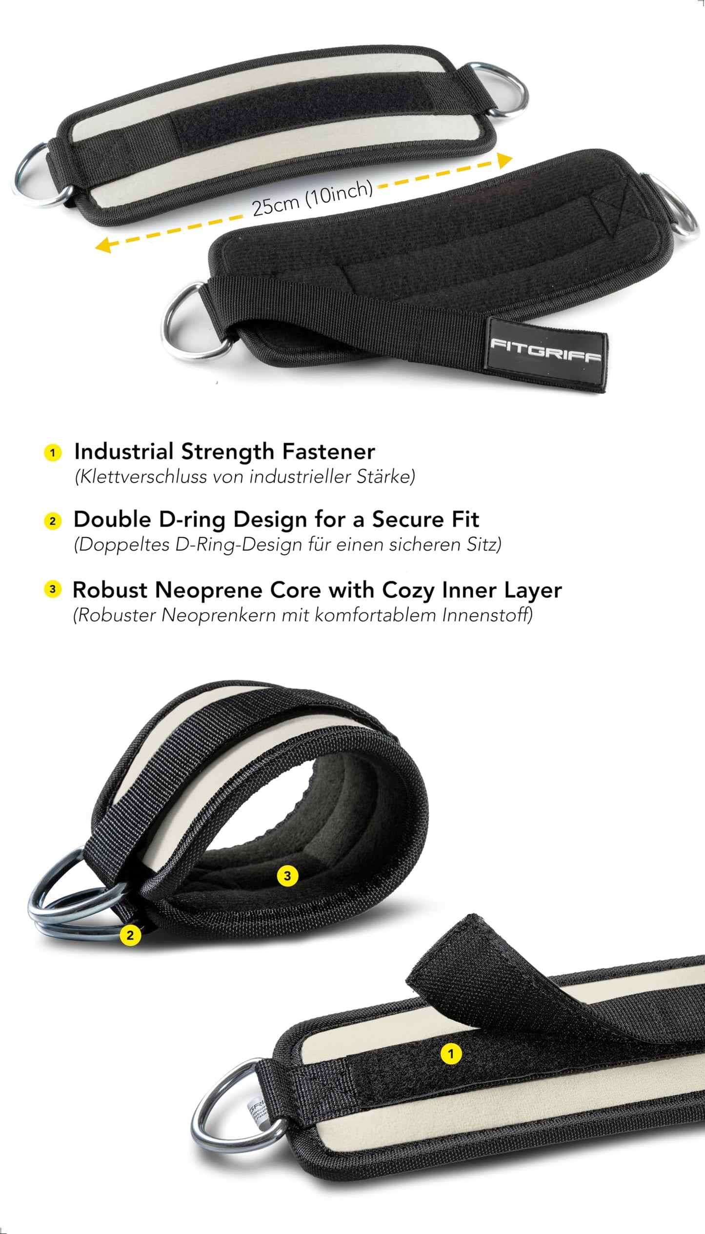 Fitgriff® Ankle Straps V1 for Cable Machine (2 Pieces) - Gym Workout Equipment - Leg Pulley Attachment, Kickback Straps (Sand)