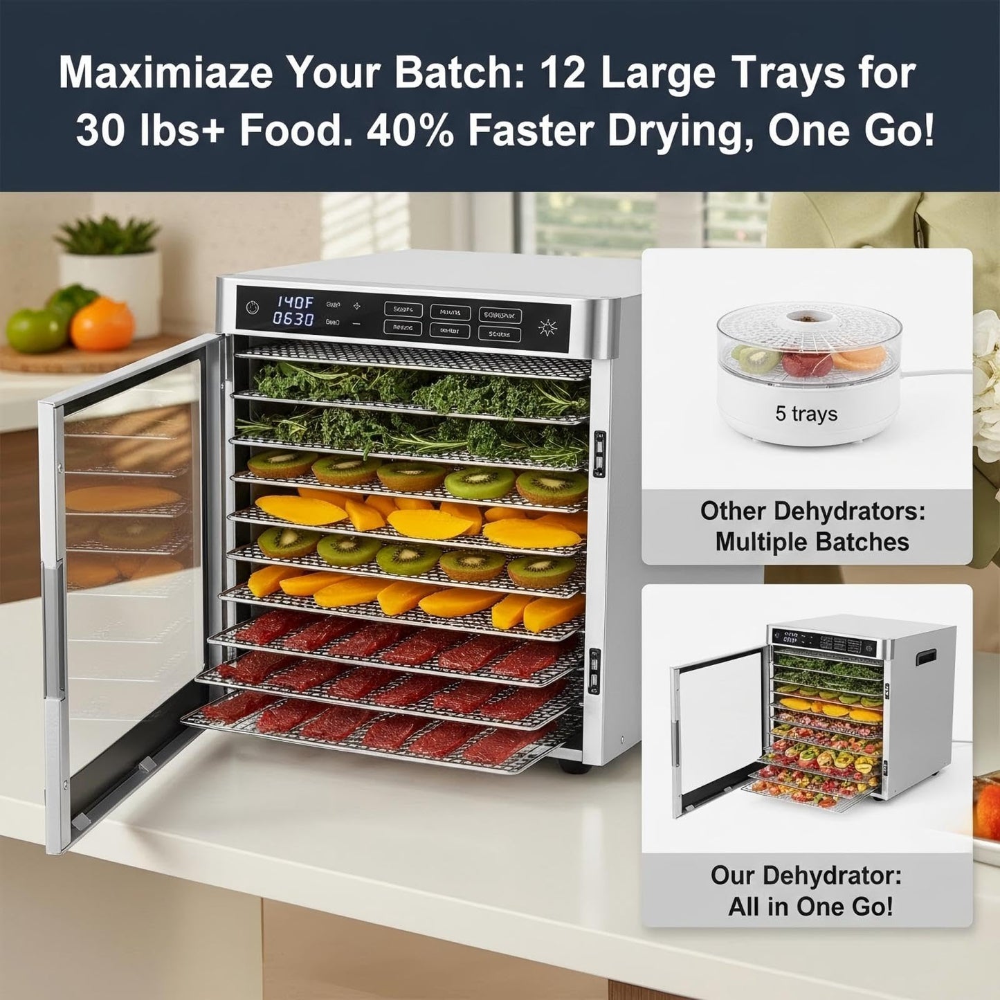 Commercial Food Dehydrator 12 Tray Stainless Steel with One-Touch Presets, 800W Professional Jerky Maker with Dual Fans, 360° Airflow, 86°F-185°F Digital Timer for Herbs, Fruits, Dog Treats