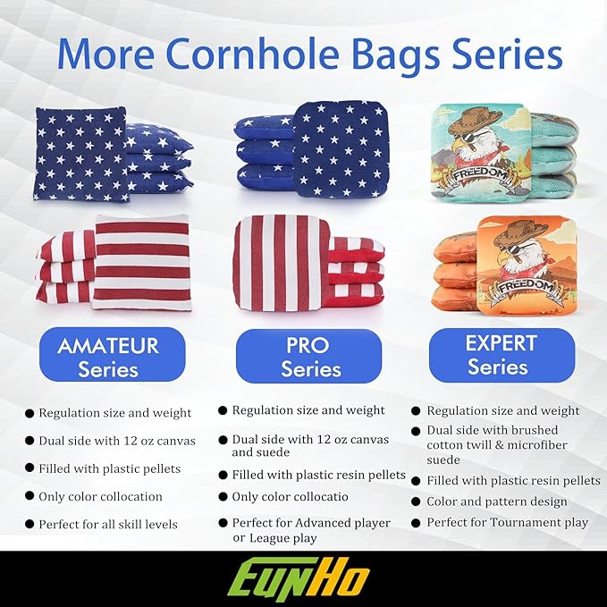 EunHo Dual Sided Cornhole Bags Regulation Set of 8 Professional Cornhole Bean Bags Slick and Stick for Tossing Game-All Weather