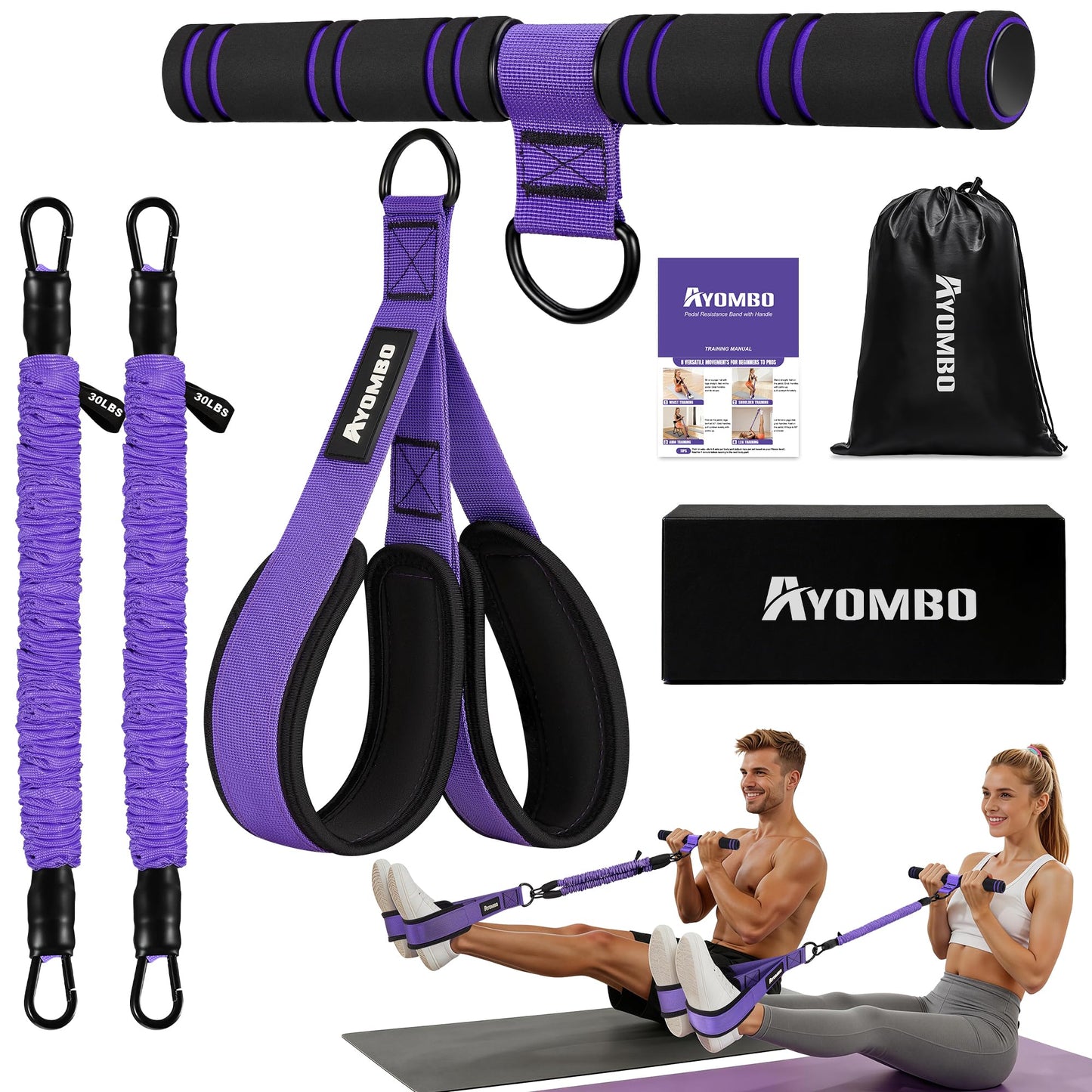 Ayombo Upgrade Pedal Resistance Band with Handle, Adjustable Tube Foot Pedal Device Puller Exercise Bands, for Abs Arm Leg Waist Workout, Core Pilates, Sit Up Fitness Equipment for Full Body Training