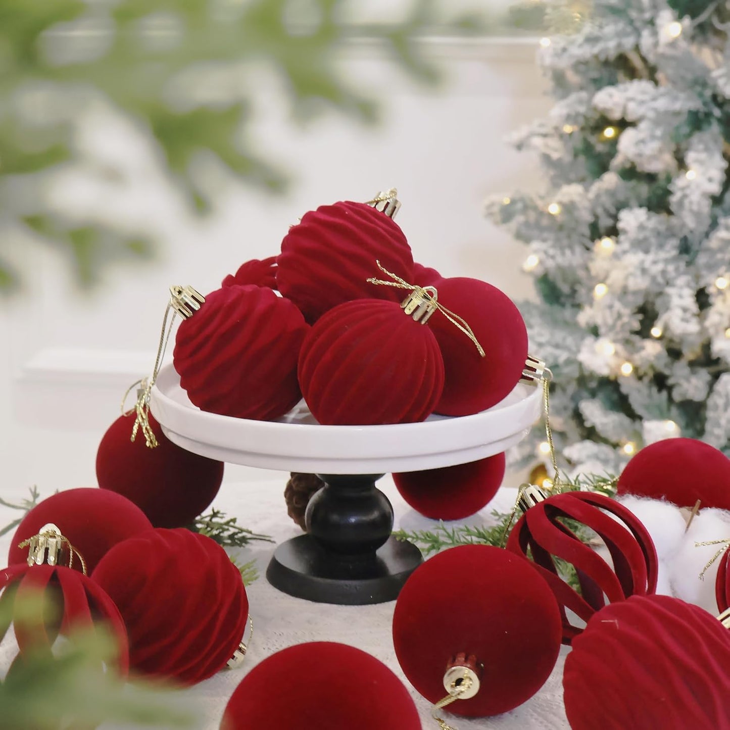 Senjie Burgundy Velvet Christmas Ornaments - 12PCS Flocked Plastic Balls for Tree Decoration