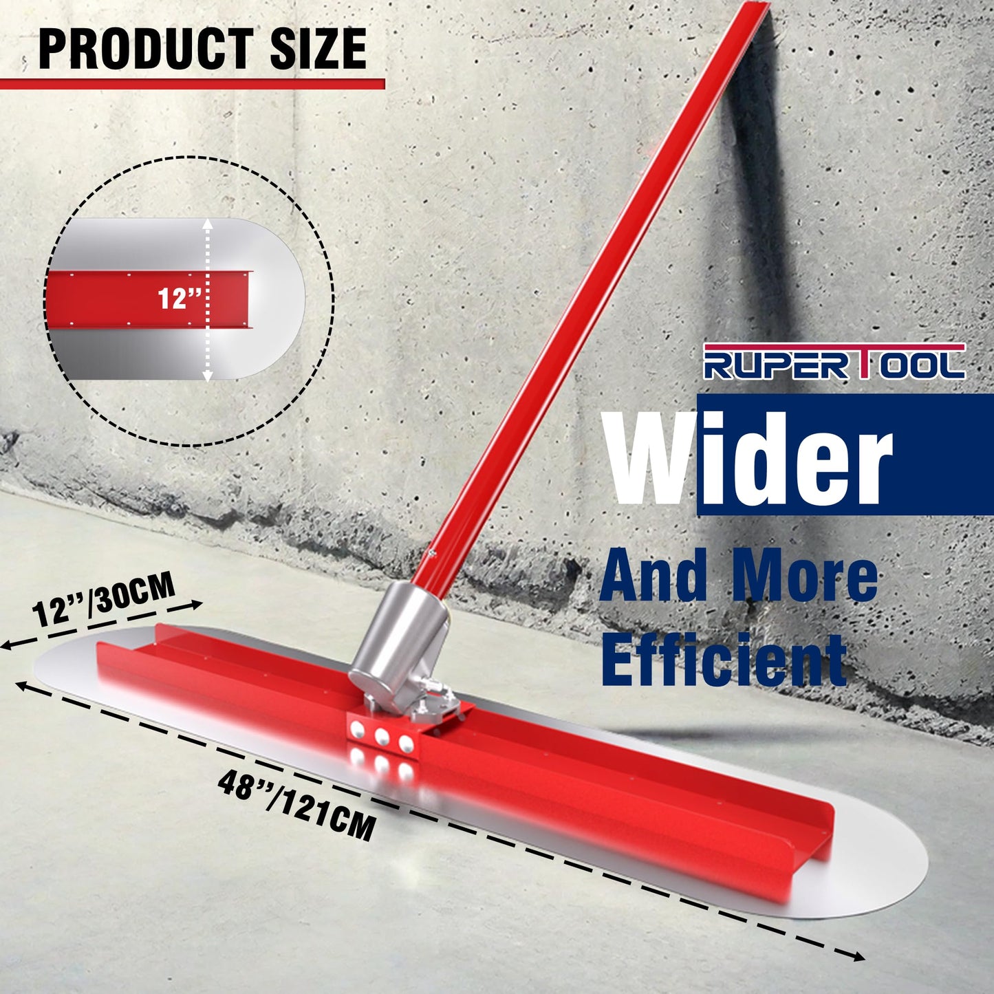 RUPERTOOL 48''x12'' Concrete Bull Float Kit Fresno Round End Concrete Finishing Trowel Stainless Steel Trowel Board with 3 Handles and Tilt Bracket