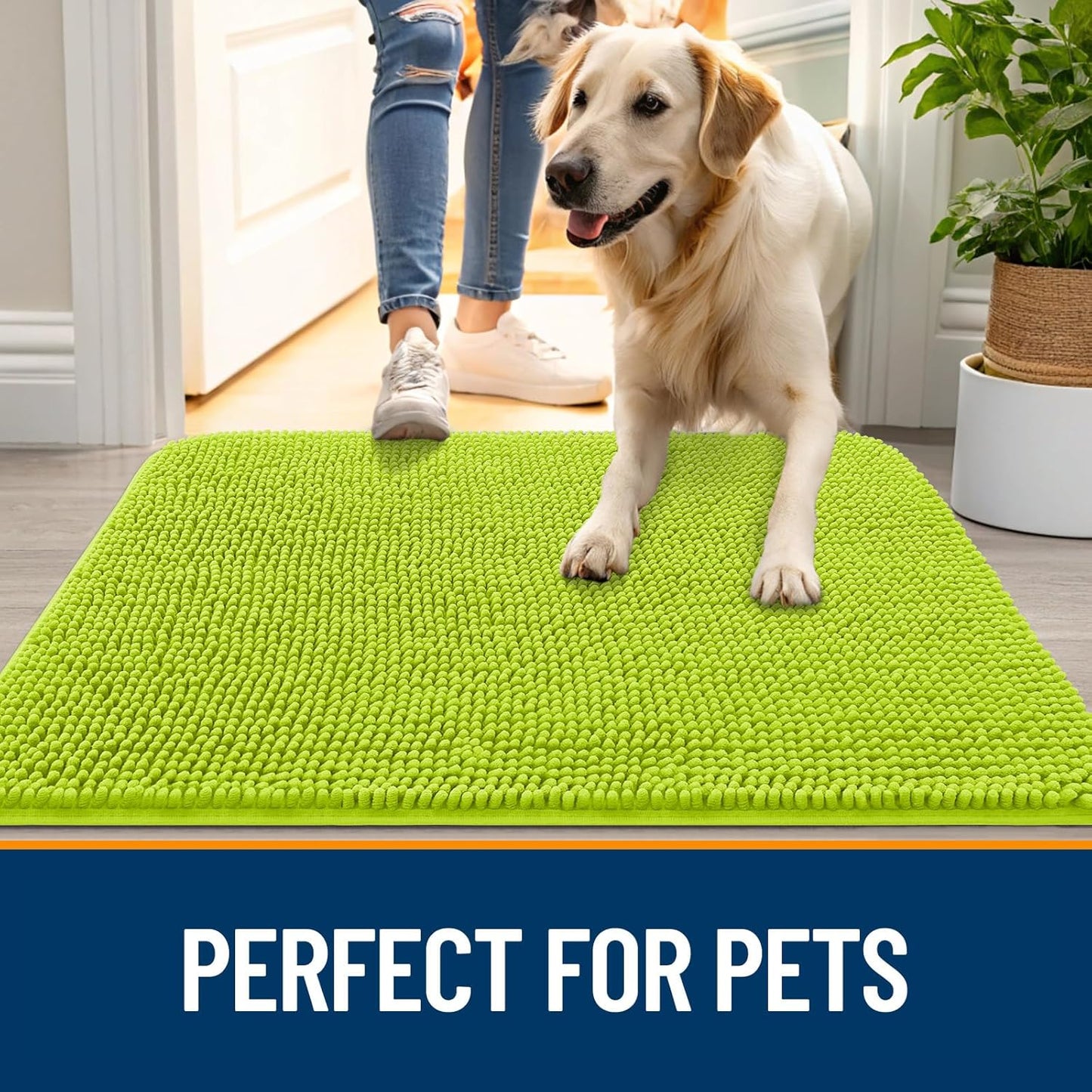 OLANLY Dog Door Mat - Absorbent Non-Slip Washable Doormat for Muddy Paws | 36x24 Bright Green