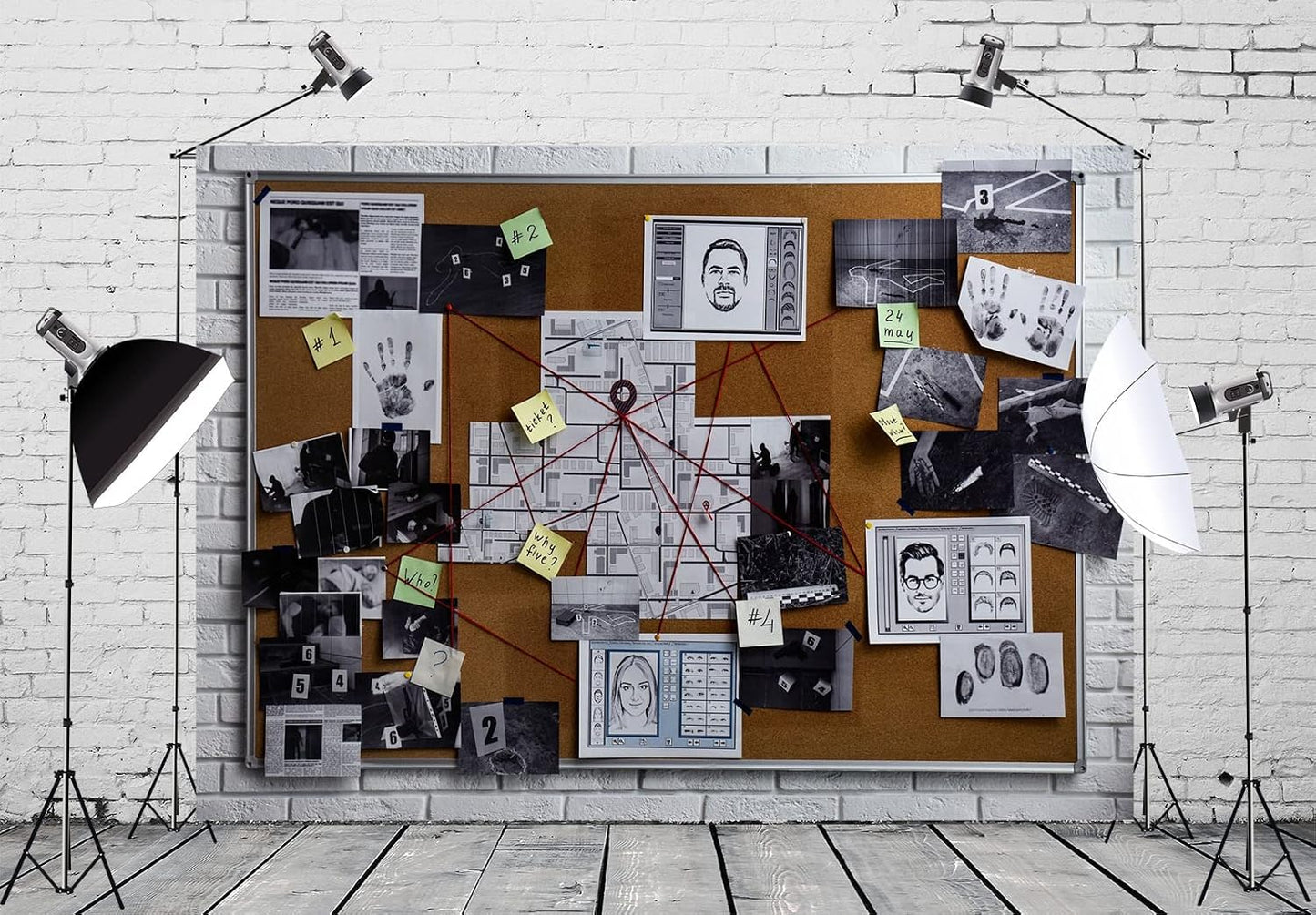 BELECO 9x6ft Fabric Spy Theme Detective Photography Backdrop Detective Board with Crime Scene Photos Fingerprint Clues