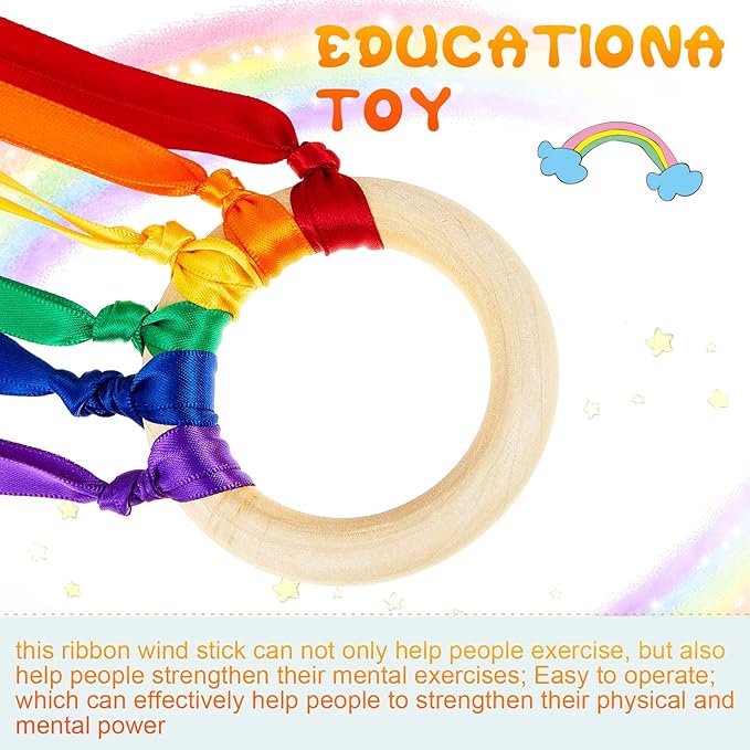Junkin Ribbon Rings Hand Kite Waldorf Toys Dancing Wrist Ribbons Rainbow Streamers with Wood Ring Sensory Learning Educational Toy for Playroom Dancing Birthday Party Gift(Bright Color,24 Pcs)