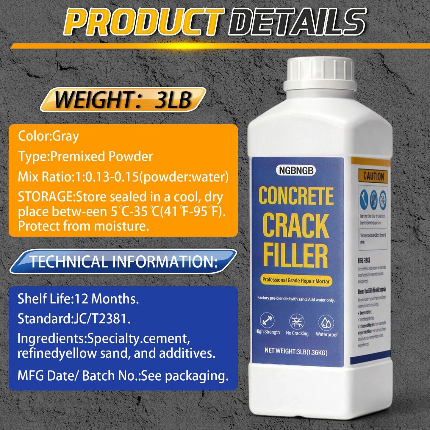 Concrete Crack Filler 3LB Gray - Heavy Duty Dry Granular Mortar Repair Kit for Driveways, Walkways & Patios - DIY Concrete Hole Filler with Quartz Sand, Includes Scraper, Brush & Gloves