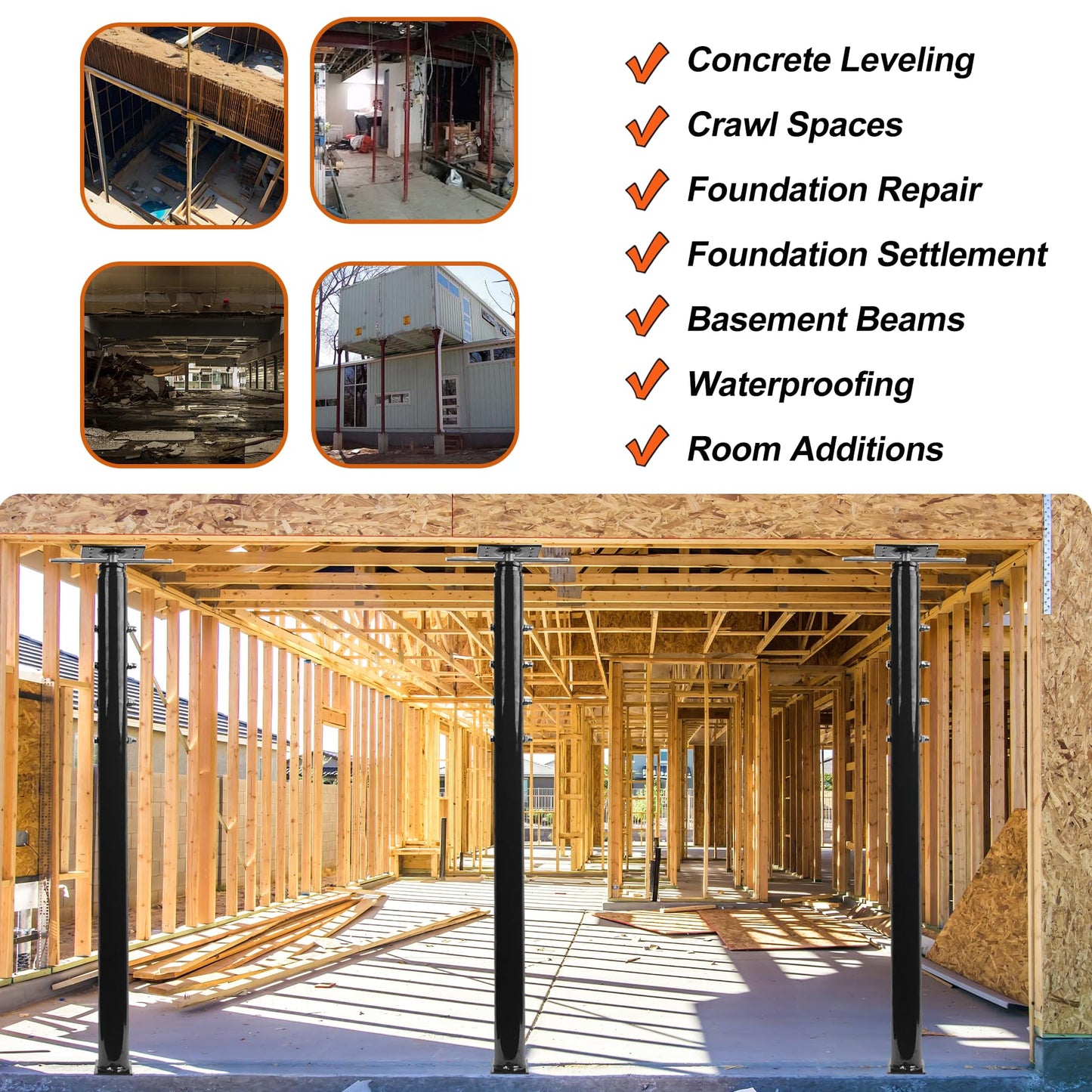 House Floor Jacks Post Pole for Leveling, 54"- 155" Height Range Lifting Shore House Jack Post, Adjustable Support Beam Basement House Jacks for Temporary Support, 18000 lbs Max Load Capacity