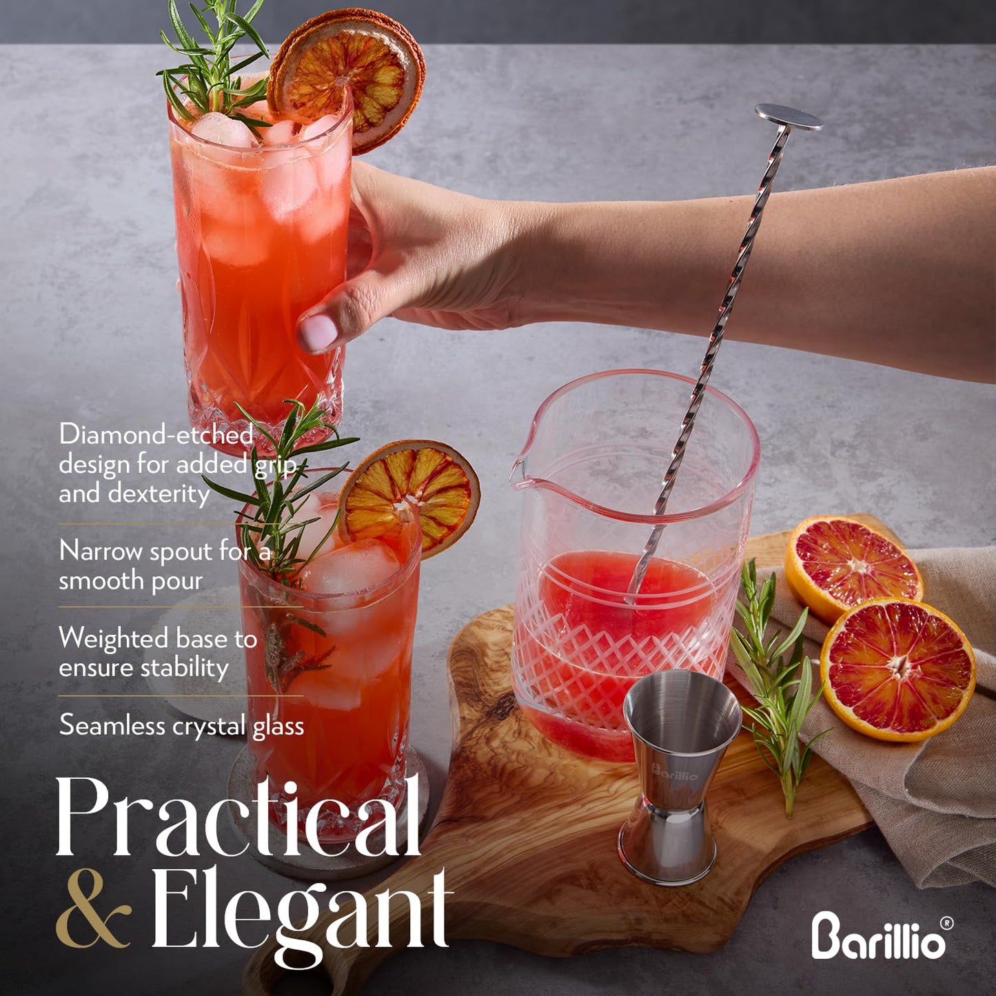 Barillio 20 Oz Crystal Cocktail Mixing Glass with Bamboo Stand & Bar Tools | Seamless Lead-Free Crystal, Weighted Base Stirring Pitcher | Including Muddler, Mixing Spoon, Jigger and Strainer