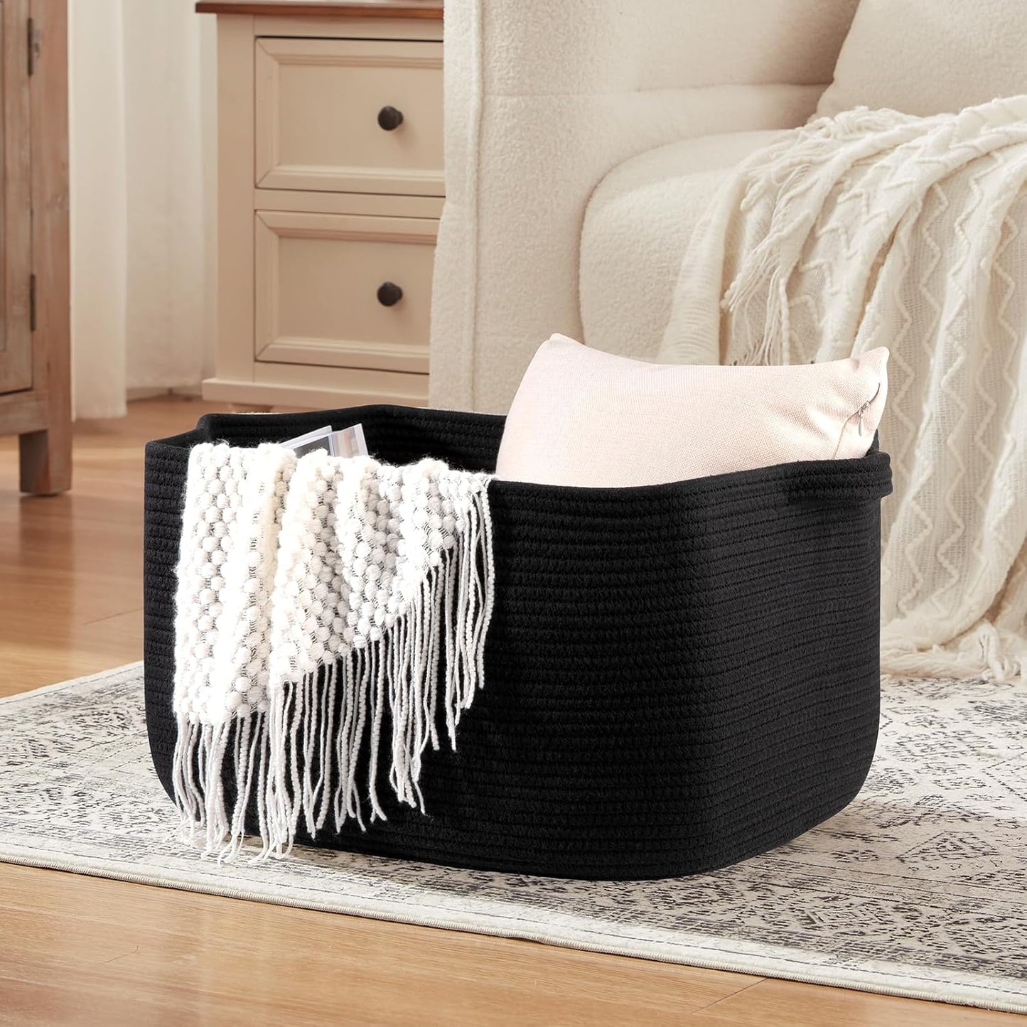 OIASKET Large Black Blanket Basket - Stylish Woven Storage for Toys, Towels & Laundry