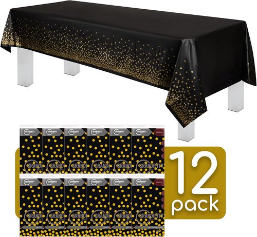 Grandipity Premium Disposable Plastic Tablecloth - Gold Dot on Black | 54" x 108" Rectangle Cover