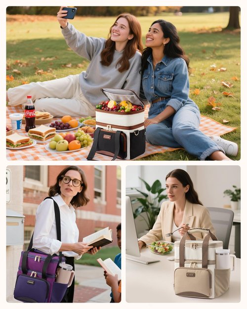 LOVEVOOK Insulated Lunch Bag For Women Men,Expandable Double Deck Lunch Box With Large Cup Holder,Leakproof Cooler Bag For Adult Lunch Tote Bag Work Picnic Beach with Adjustable Shoulder Strap Gift