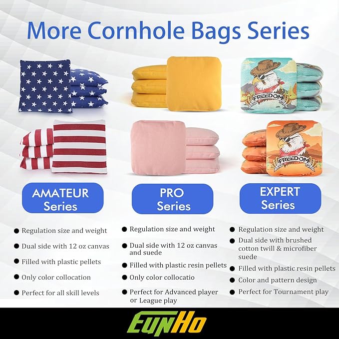 EunHo Dual Sided Cornhole Bags Regulation Set of 8 Professional Cornhole Bean Bags Slick and Stick for Tossing Game-All Weather