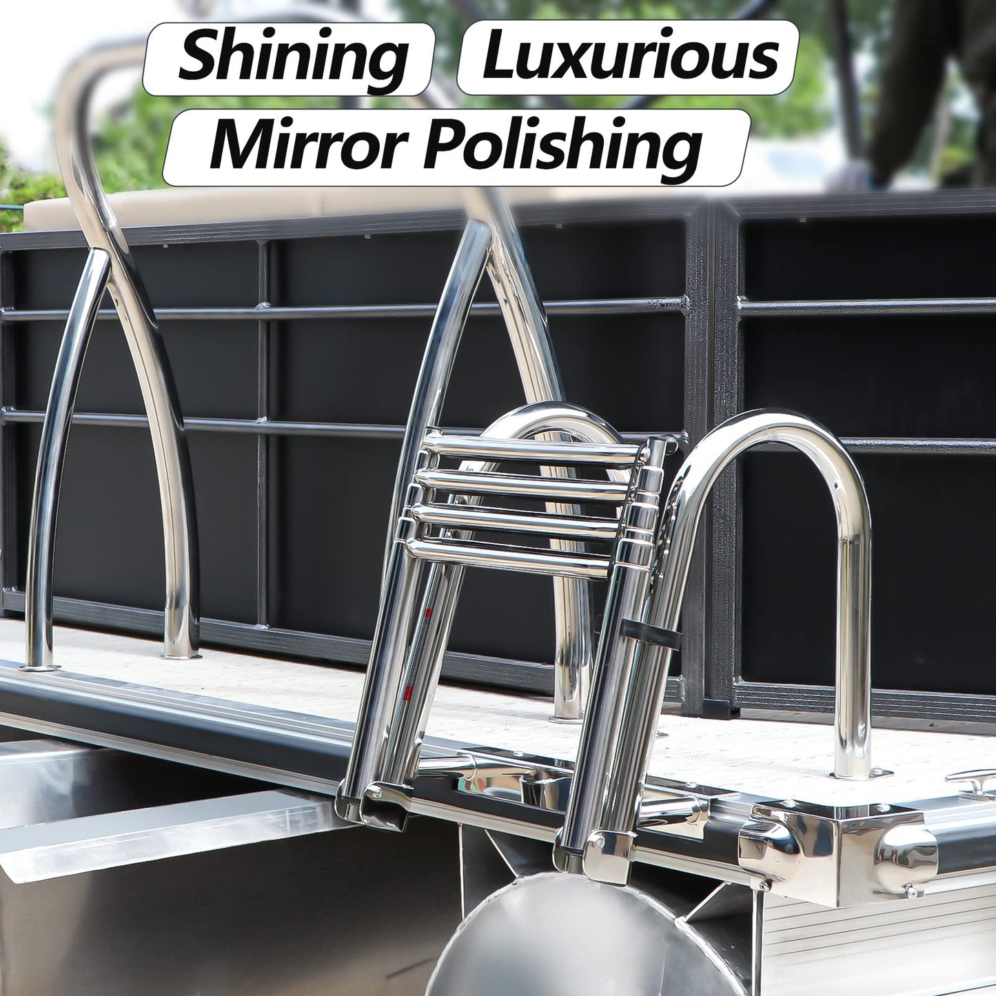 Marinebaby 4-Step Pontoon Boat Ladder, 316 Stainless Steel Folding Telescoping Inboard Ladder with Hand Railing and Extra Wide Steps